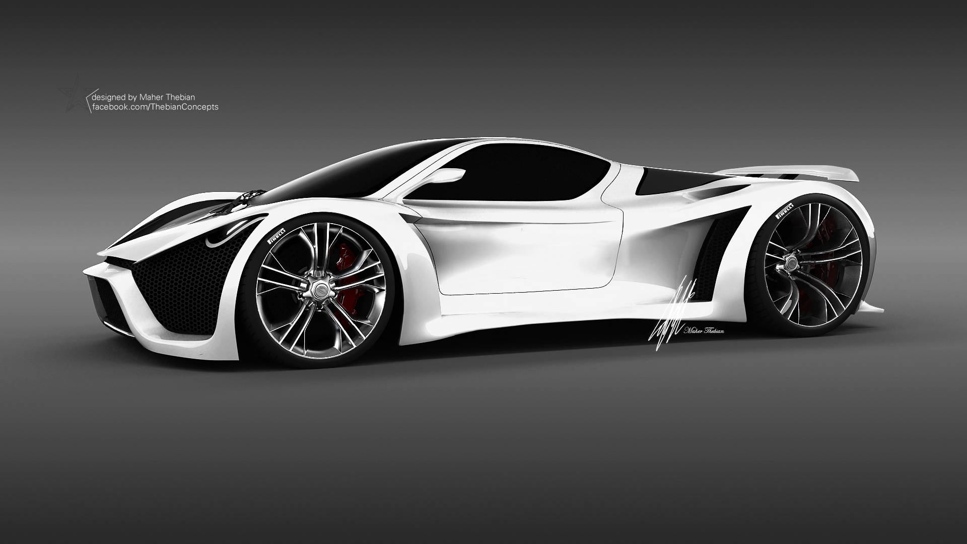 pagani iPhone 桌布 壁紙 — 一輛時尚的白色未來感跑車，帶有黑色飾件和紅色煞車卡鉗，在漸變灰色工作室背景前擺拍。