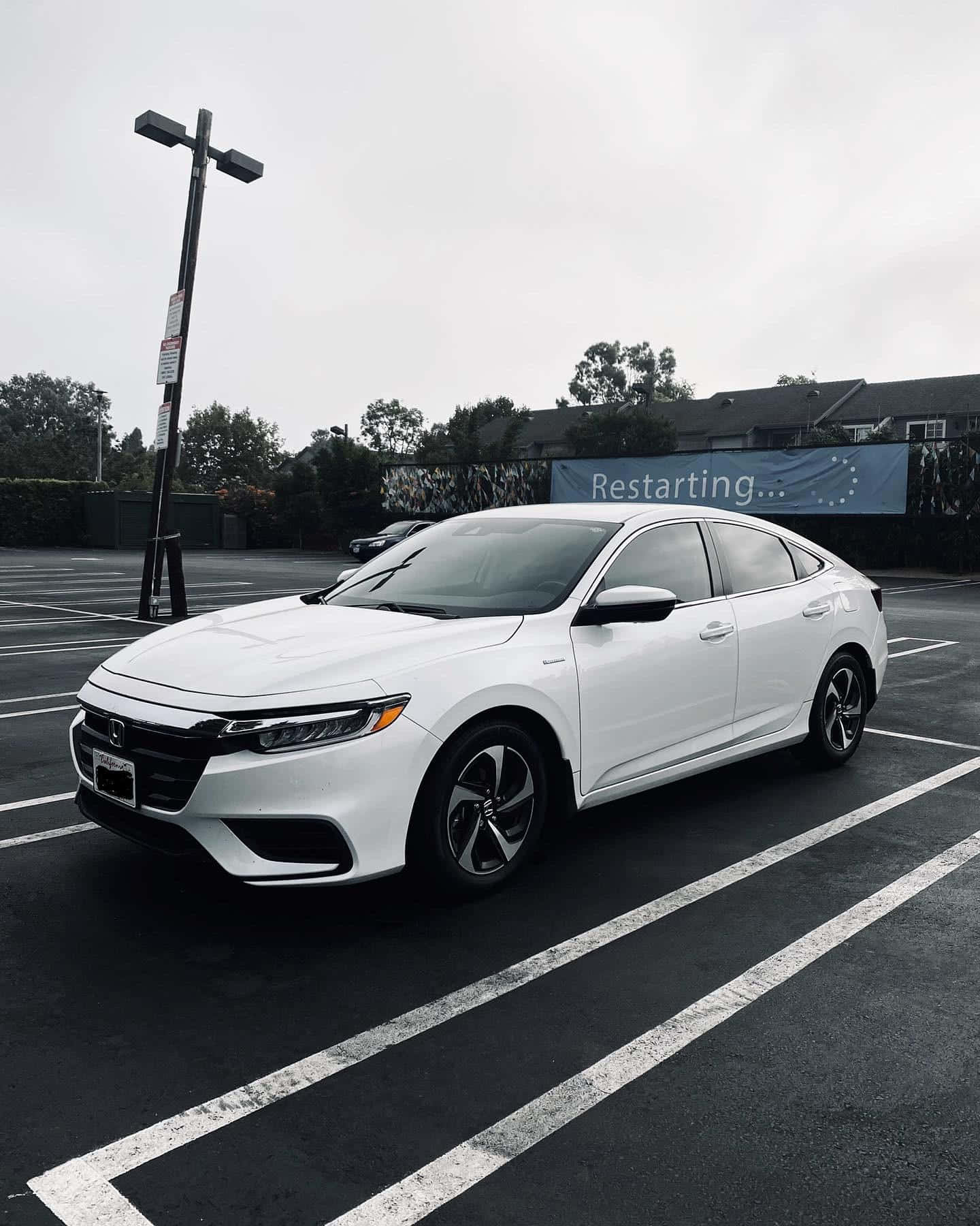 Honda Insight 桌布 壁紙 — 一輛時尚的白色本田房車停放在空蕩蕩的瀝青地上，背景有樹木和建築物，天空多雲。