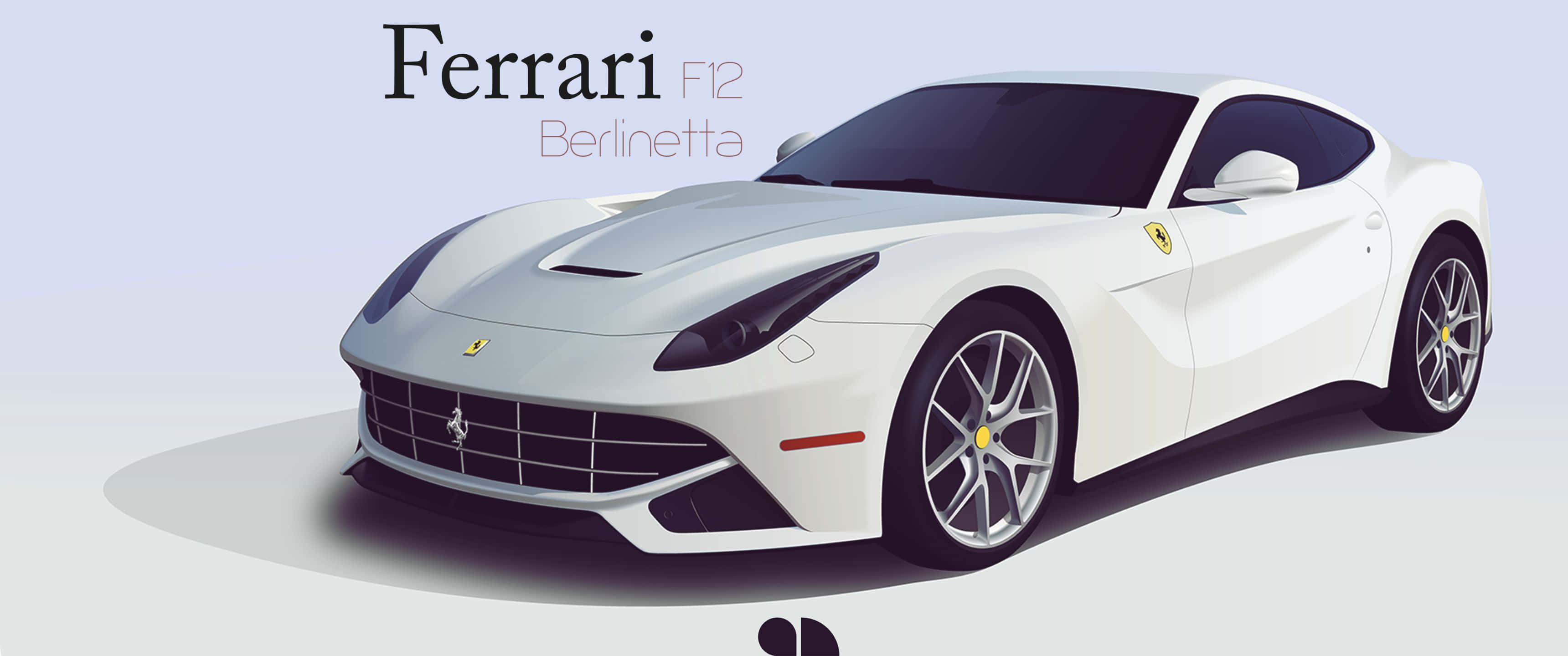 汽車 桌布 壁紙 — 一輛時尚的白色法拉利F12 Berlinetta，帶有黃色點綴和銀色輪圈，在柔和灰色背景的攝影棚燈光下展示。