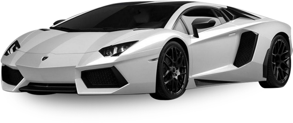 蘭博基尼 桌布 壁紙 — 一輛時尚的白色藍寶堅尼Aventador跑車，帶有黑色飾邊和銳利的角度設計，背景透明。