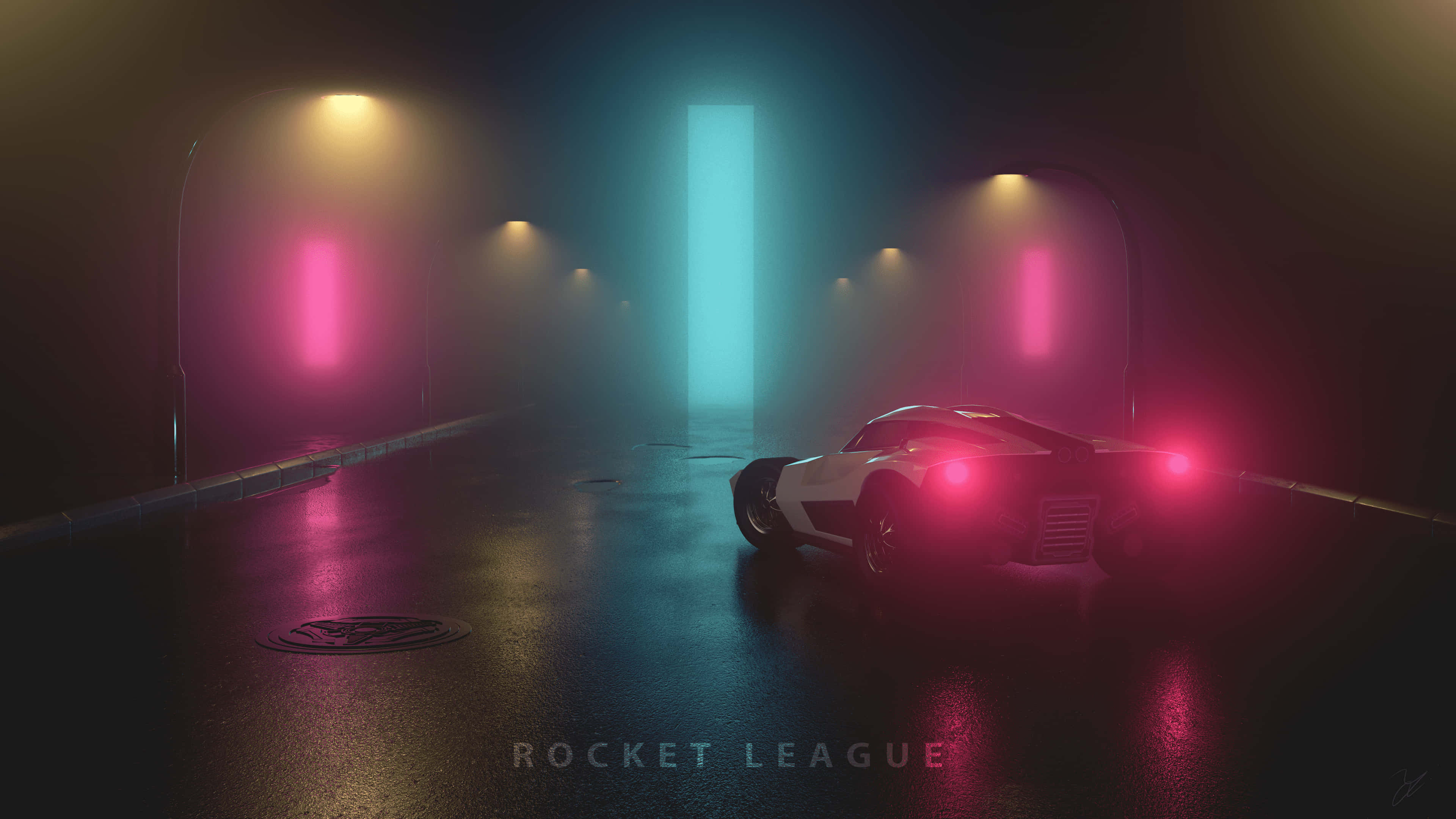 Best Rocket League 桌布 壁紙 — 一輛時尚的白色跑車，帶有發光的紅色尾燈，在霧氣瀰漫的霓虹燈隧道中行駛，隧道內有粉紅色和青色的光束。