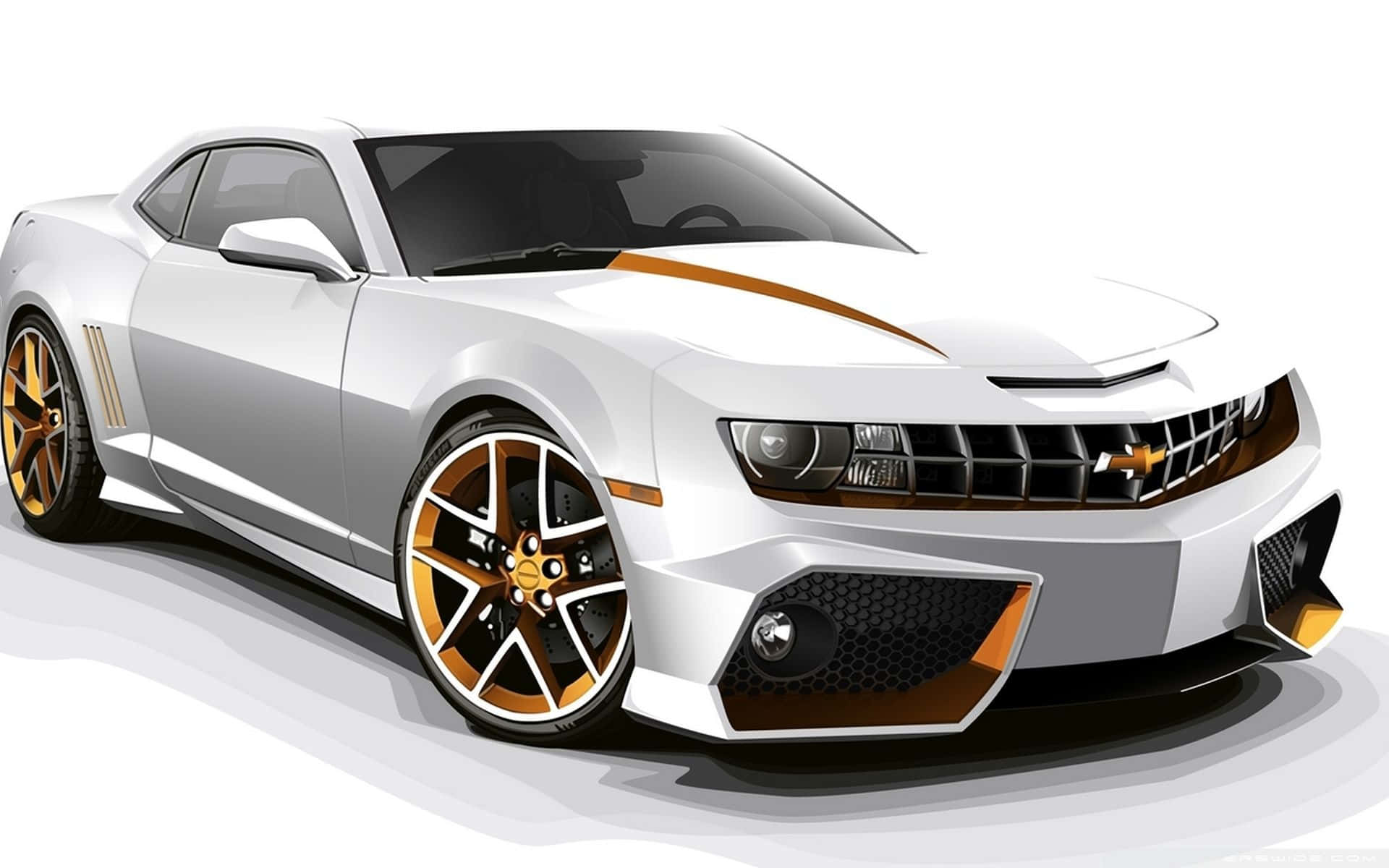 Chevrolet 桌布 壁紙 — 一輛時尚的白色跑車，帶有金色裝飾和黑色車輪，以工作室風格的向量插圖展示在純白色背景上。
