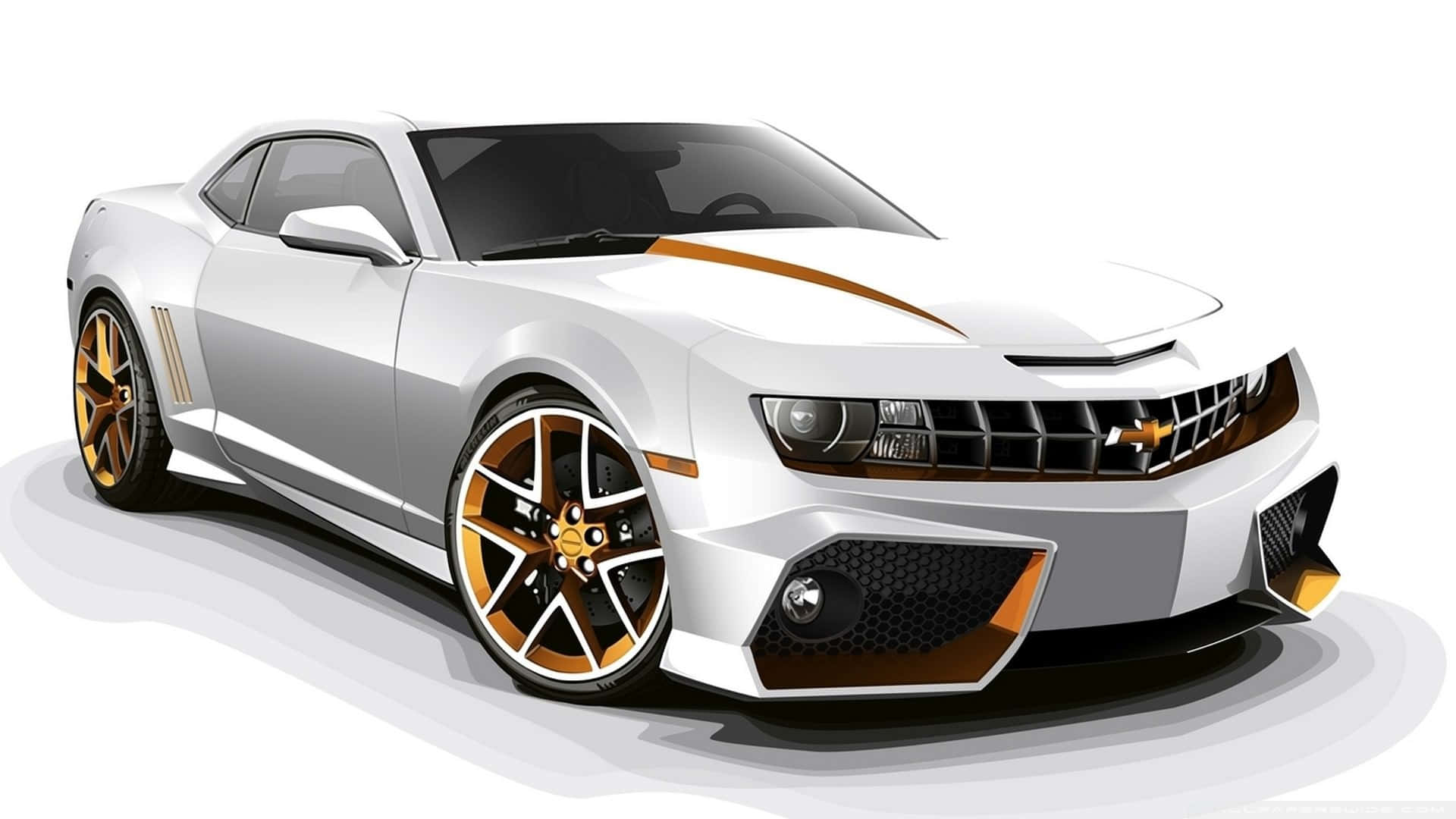 1920 X 1080 Car 桌布 壁紙 — 一輛時尚的白色跑車，帶有金色點綴和黑色輪圈，以工作室風格的向量插圖展示在純白色背景上。