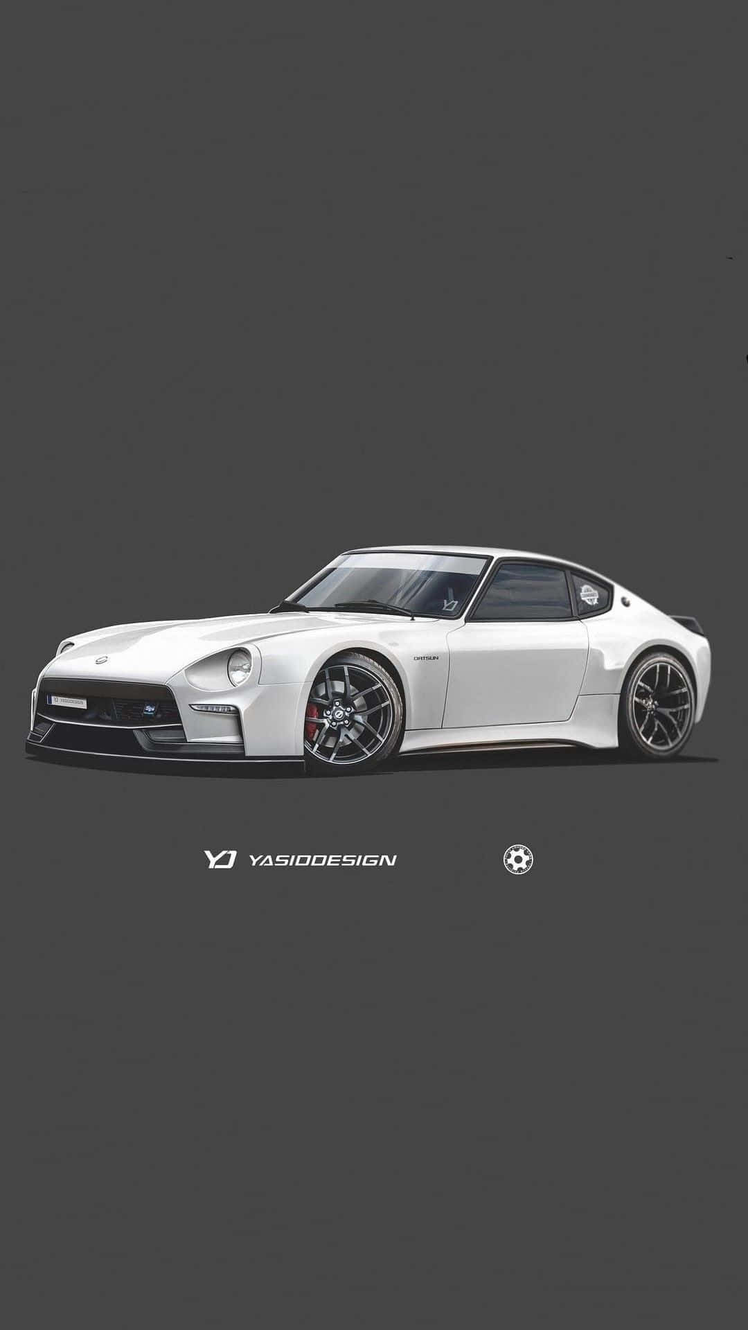JDM iPhone 桌布 壁紙 — 一輛時尚的白色跑車，配備黑色輪圈和紅色制動卡鉗，居中放置在極簡的深灰色背景上。