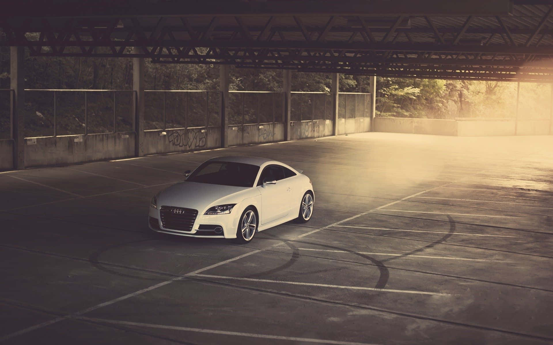 Audi Tt 桌布 壁紙 — 一輛時尚的白色跑車停放在空曠、陽光明媚的停車場，混凝土地板上有可見的輪胎痕跡。