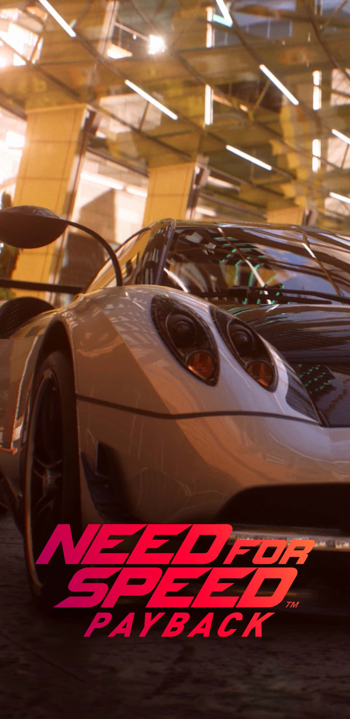 Pixel 3xl Need For Speed Payback 桌布 壁紙 — 一輛時尚的白色跑車在溫暖的霓虹燈下閃耀，位於一個粗糙的城市車庫中，帶有 'Need for Speed Payback' 標誌。