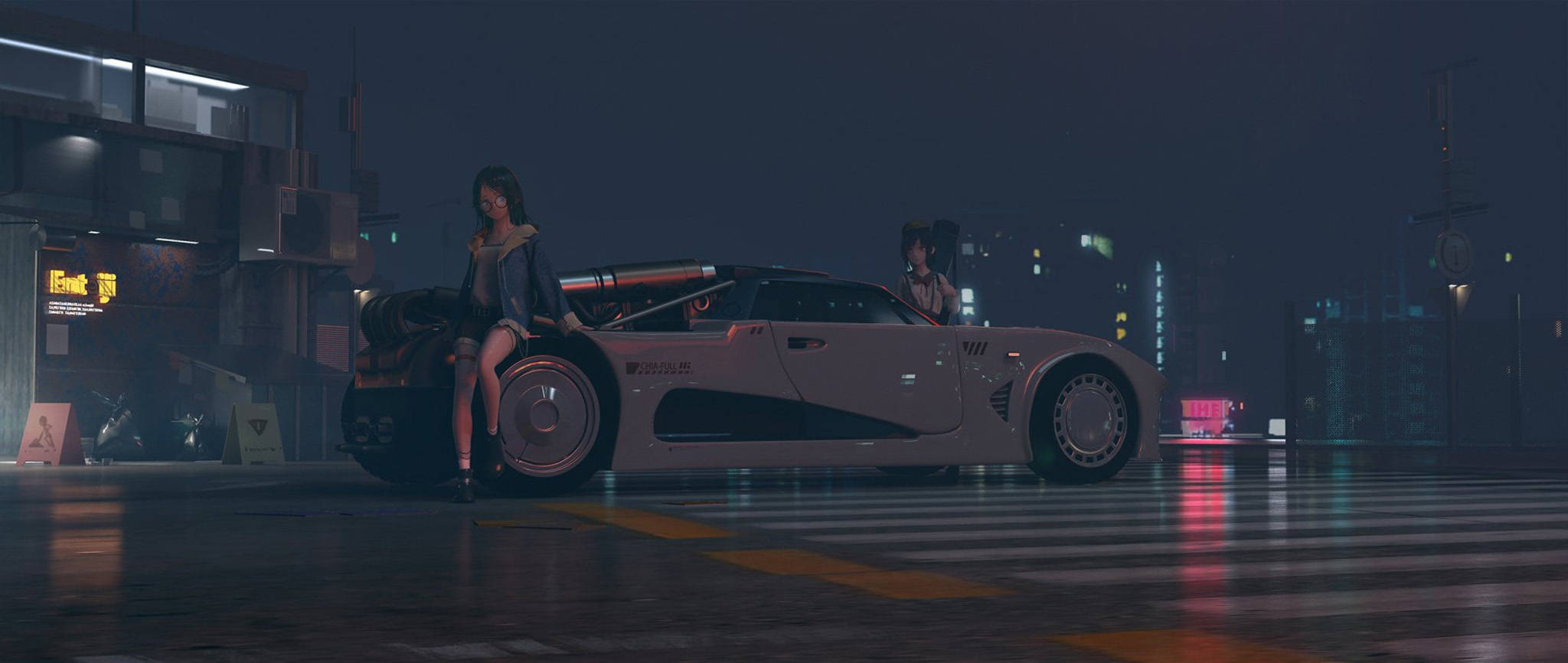 動漫車 桌布 壁紙 — 一輛時尚的白色跑車在霓虹燈下閃閃發光，兩位女士在夜晚潮濕的城市街道上與它合影。