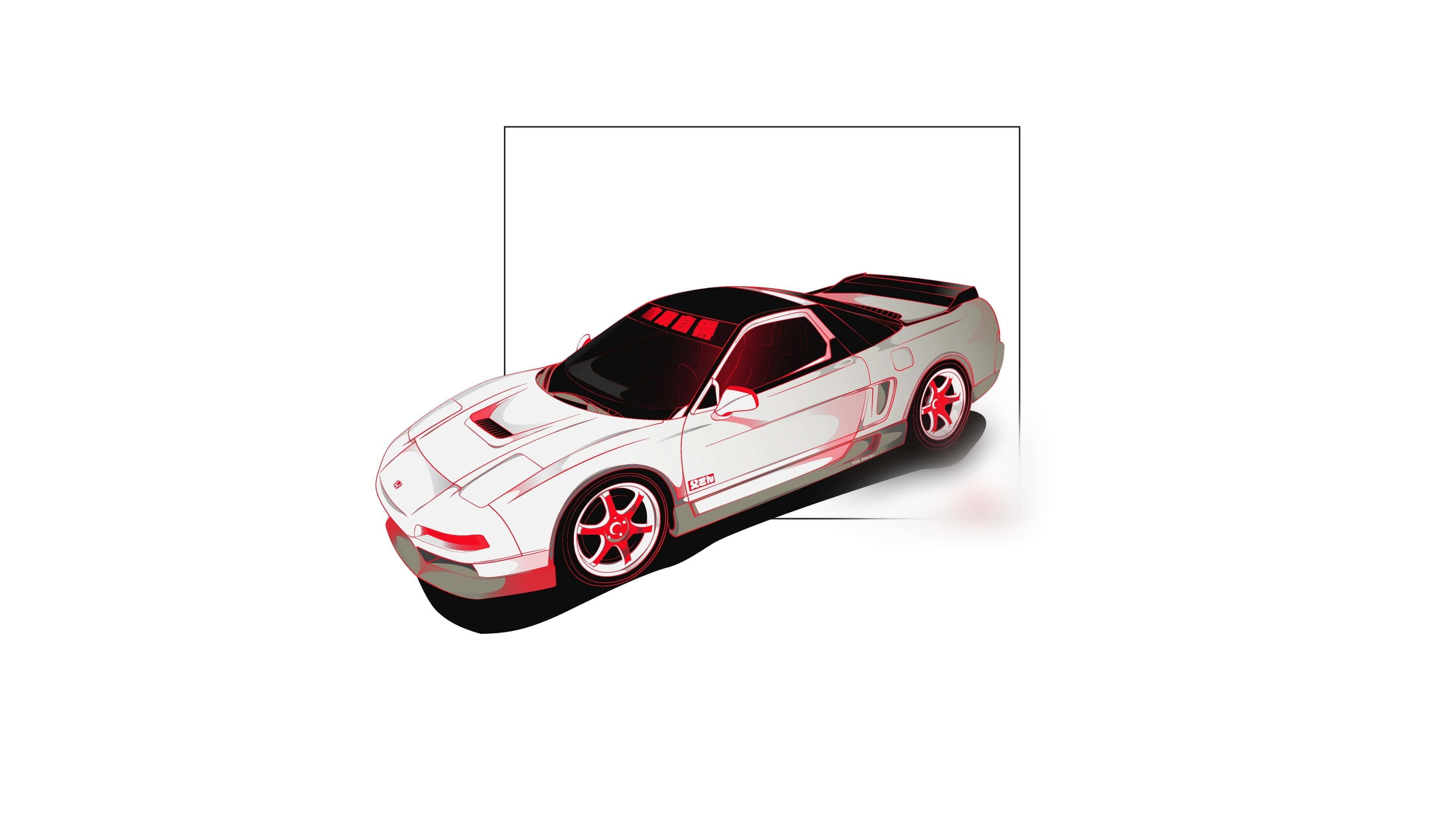 Jdm Art 桌布 壁紙 — 一輛時尚的白色跑車帶有紅色點綴和車輪，以風格化的數位藝術風格繪製在純白色背景上。