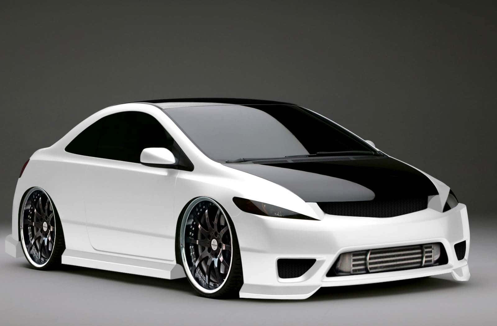 Modified Car 桌布 壁紙 — 一輛時尚的白黑改裝轎跑車，配備定制輪圈和激進車身套件，以中性灰色工作室背景為襯托。