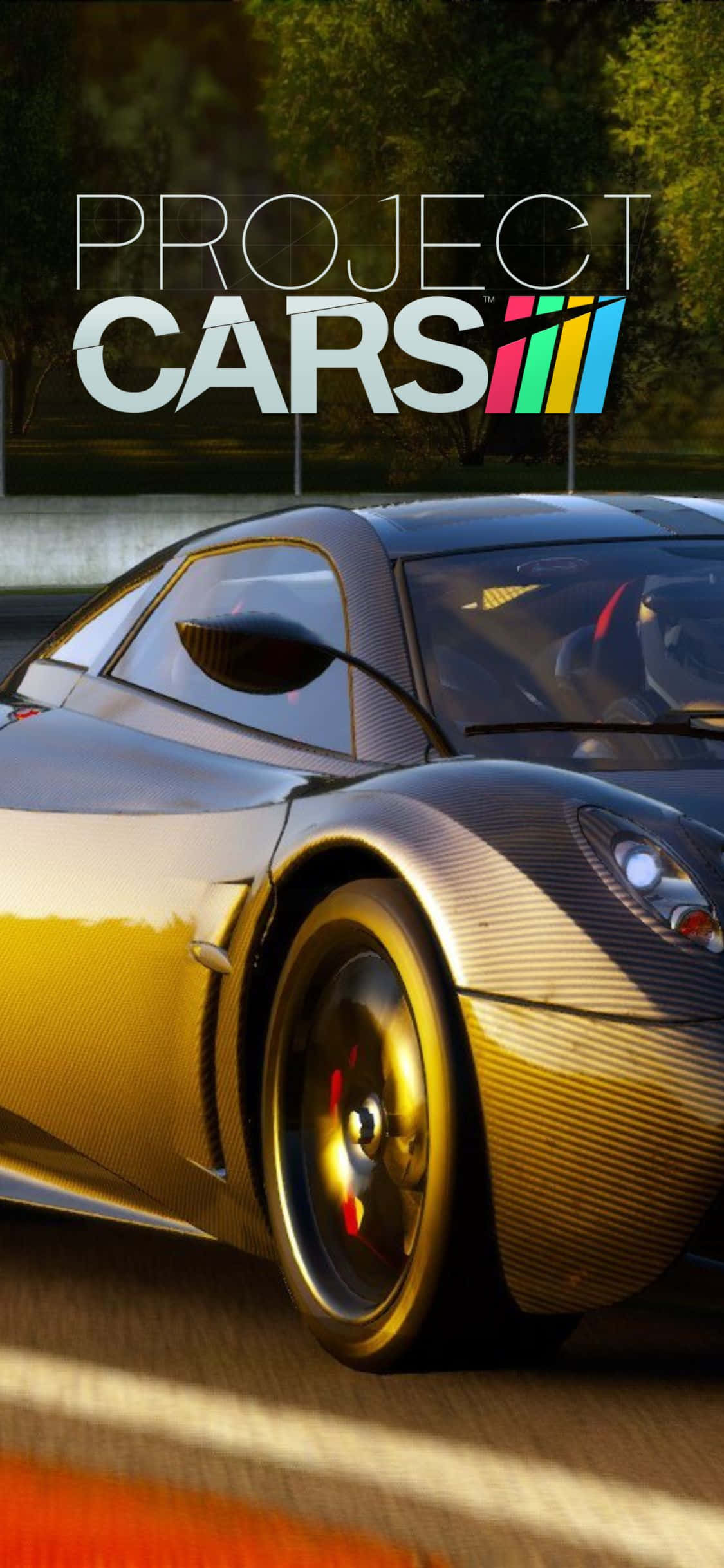 iPhone Xs Project Cars 桌布 壁紙 — 一輛時尚的碳纖維跑車在陽光明媚的賽道上滑行，帶有 'Project CARS' 標題疊加。
