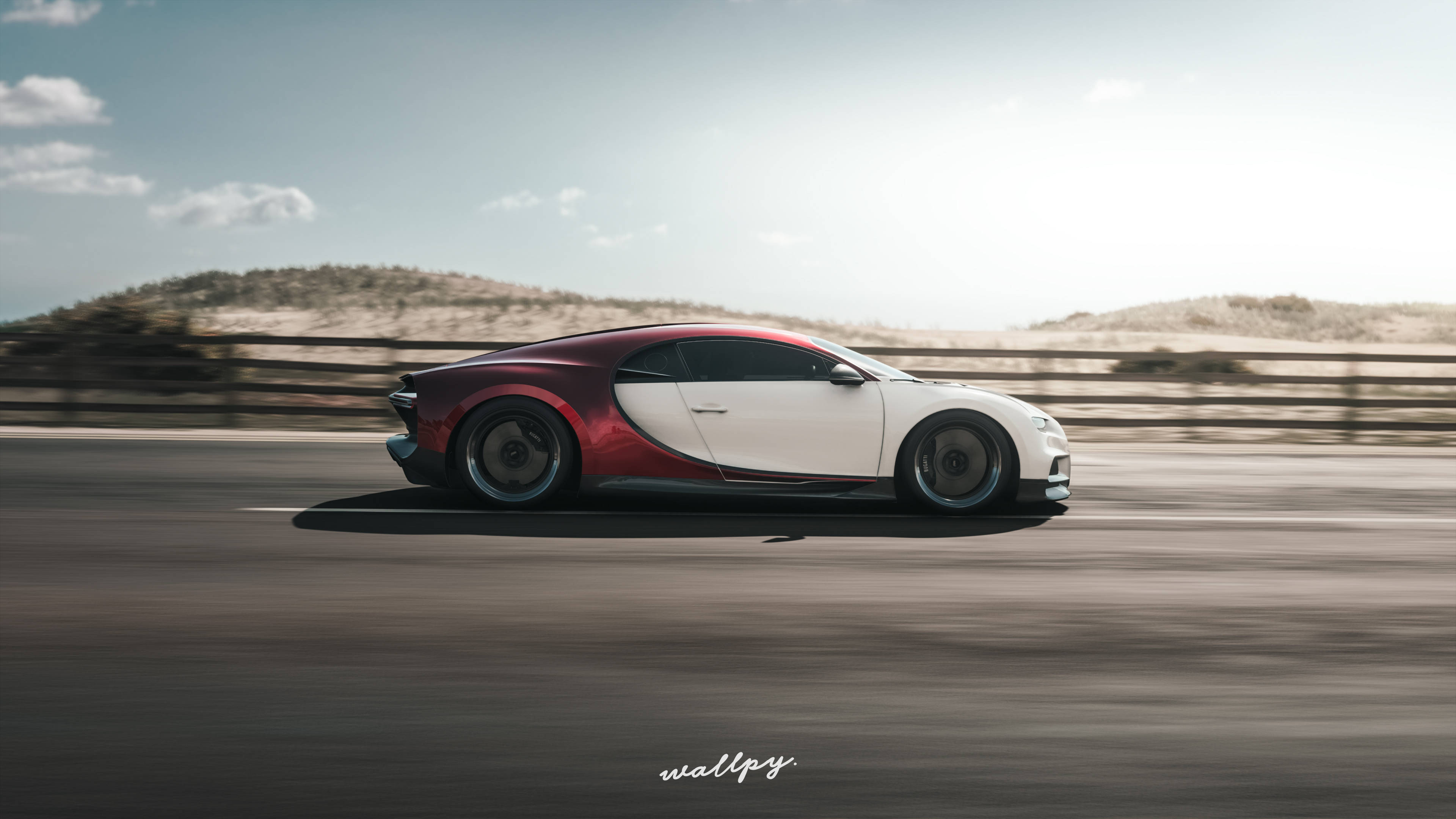 Horizon 桌布 壁紙 — 一輛時尚的紅白Bugatti跑車在明亮的藍天白雲下，沿著沙漠高速公路飛馳。
