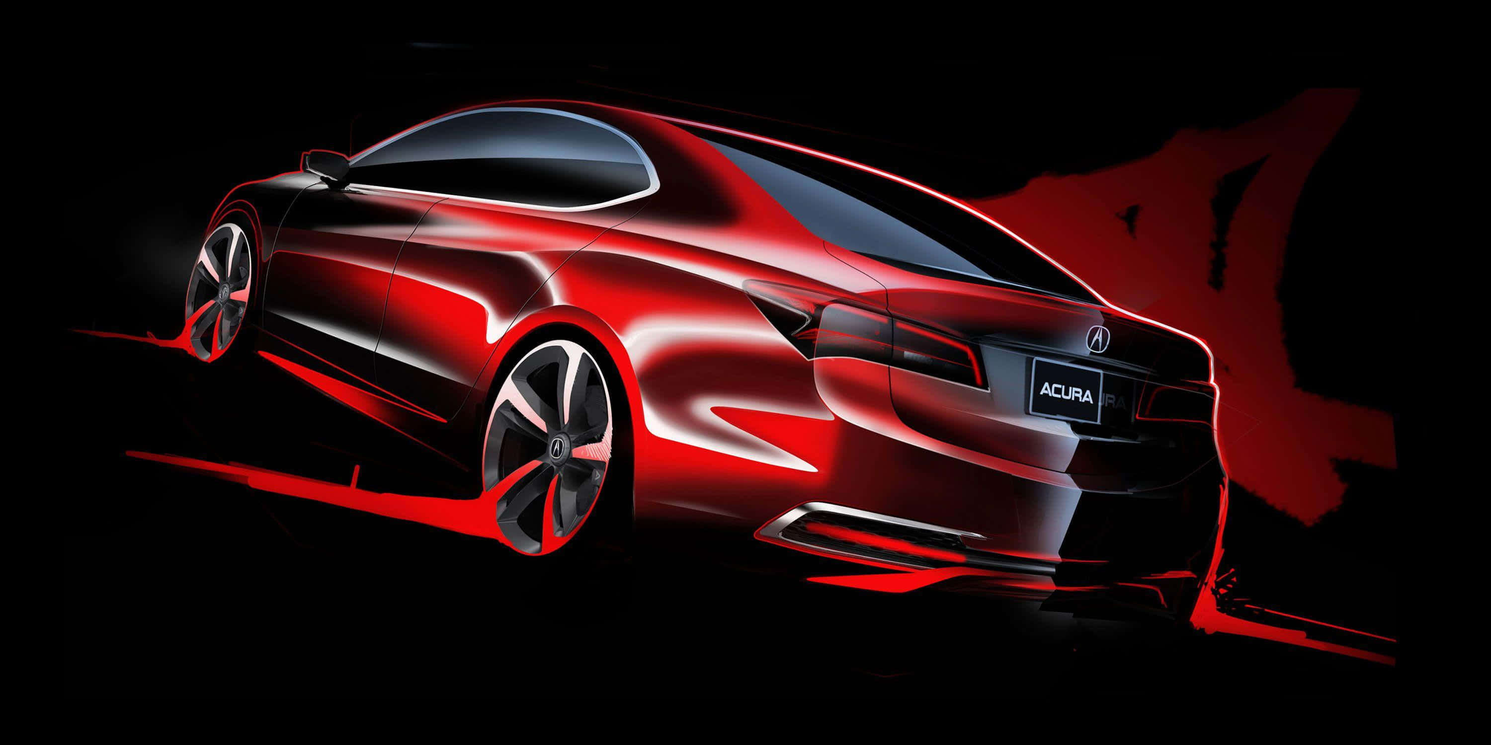 Acura Tlx 桌布 壁紙 — 一輛時尚的紅色Acura跑車在帶有抽象紅色筆觸的深色背景上散發出鮮豔的光芒。
