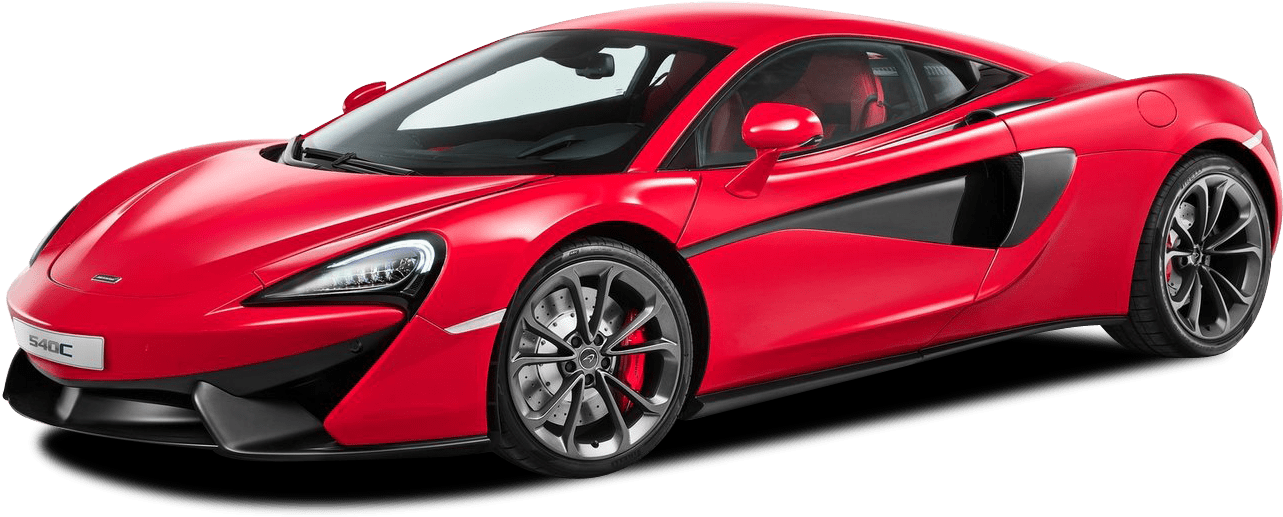 麥拉倫 桌布 壁紙 — 一輛時尚的紅色McLaren 540C跑車，帶有黑色飾邊和銀色輪圈，在工作室燈光下展示。