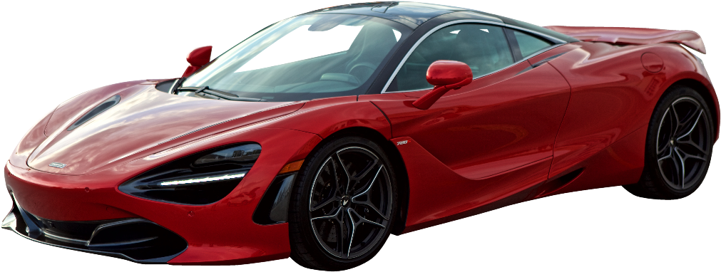 麥拉倫 桌布 壁紙 — 一輛時尚的紅色McLaren 720S跑車，帶有黑色點綴和空氣動力學曲線，在透明背景上獨立展示。