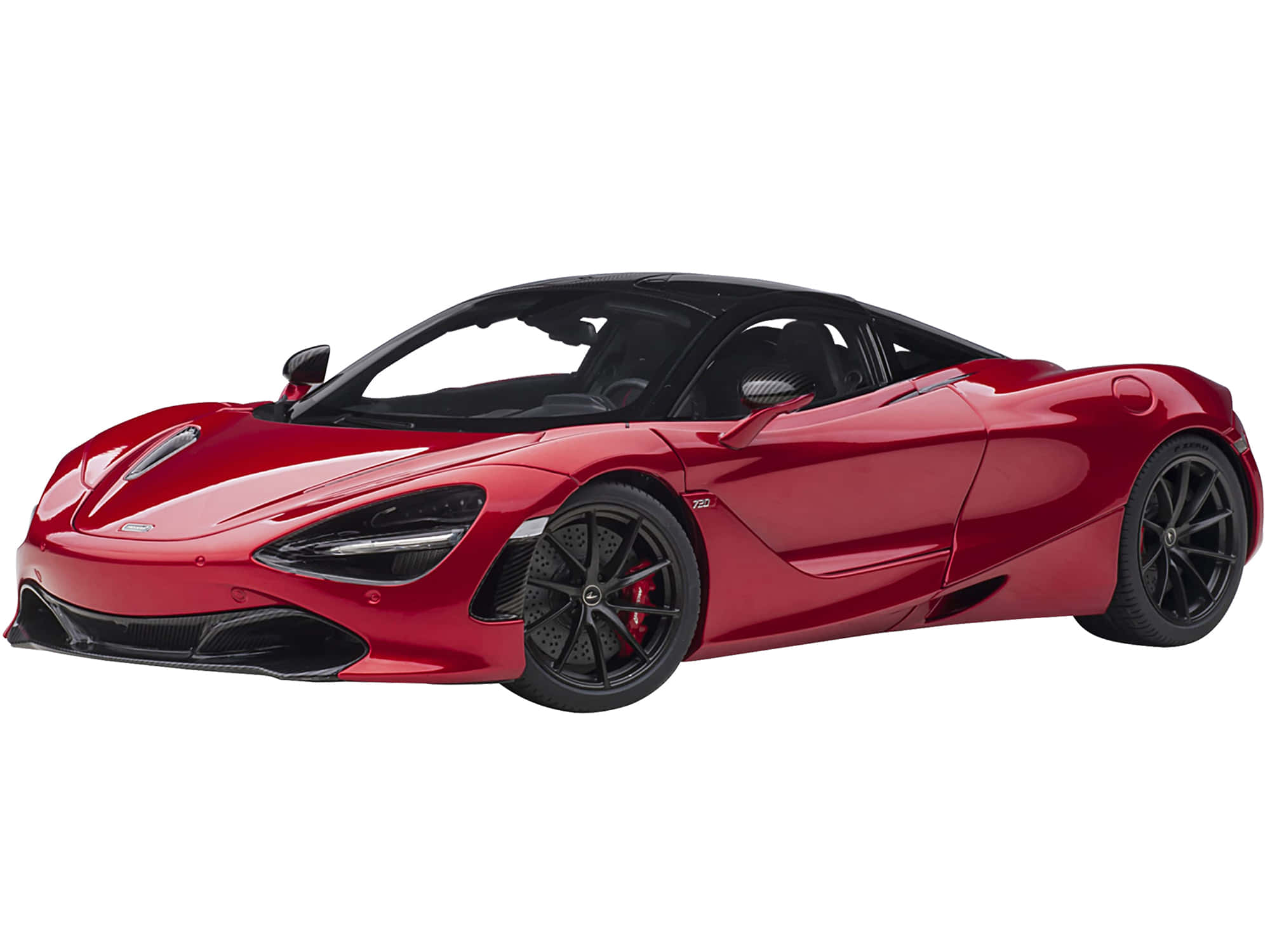 汽車 桌布 壁紙 — 一輛時尚的紅色McLaren 720S跑車，帶有黑色飾邊和碳纖維細節，在白色背景上以側面輪廓展示。