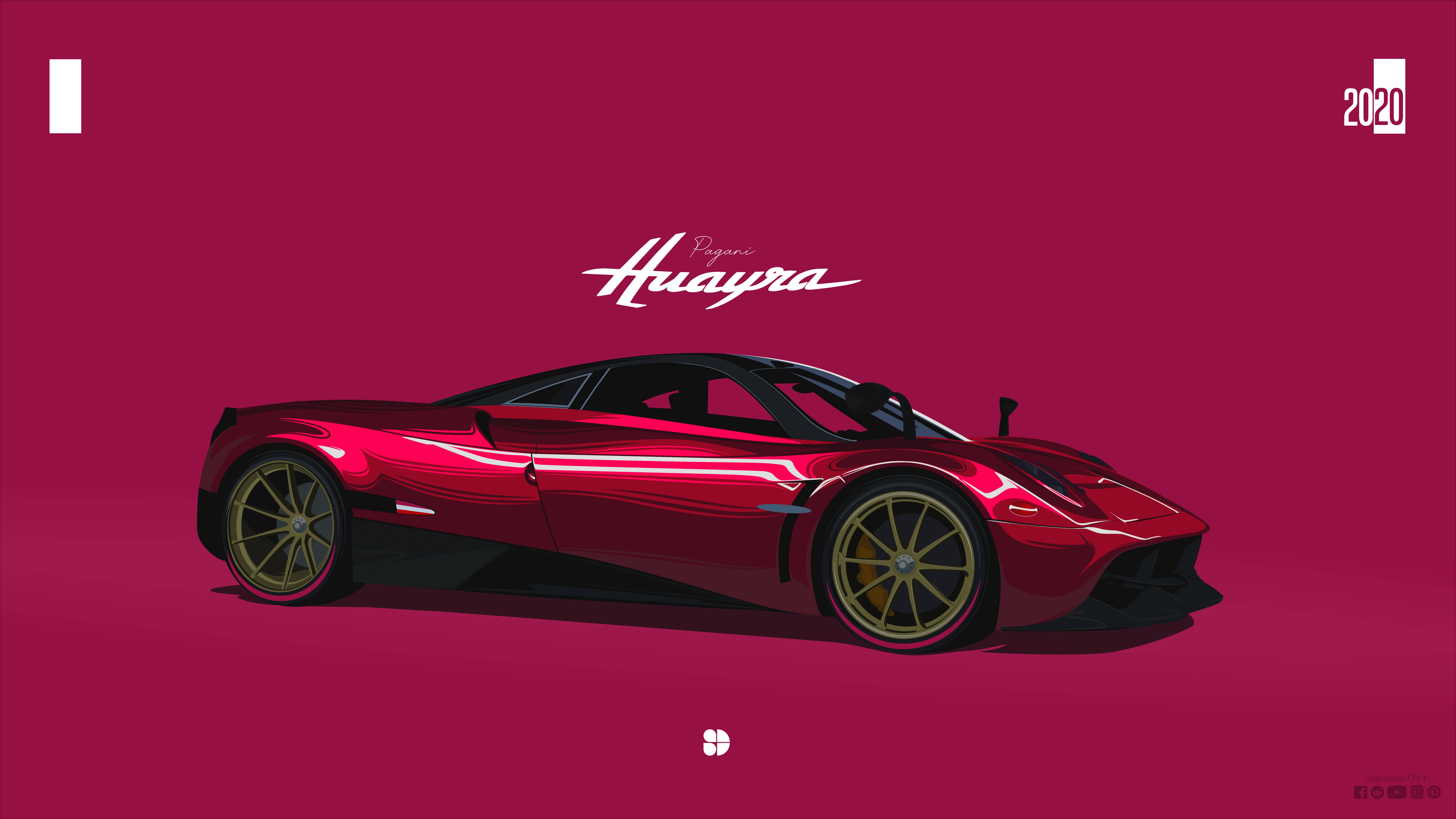 pagani iPhone 桌布 壁紙 — 一輛時尚的紅色Pagani Huayra跑車配金色輪圈，在純洋紅色背景上滑行，帶有白色文字和2020年份。
