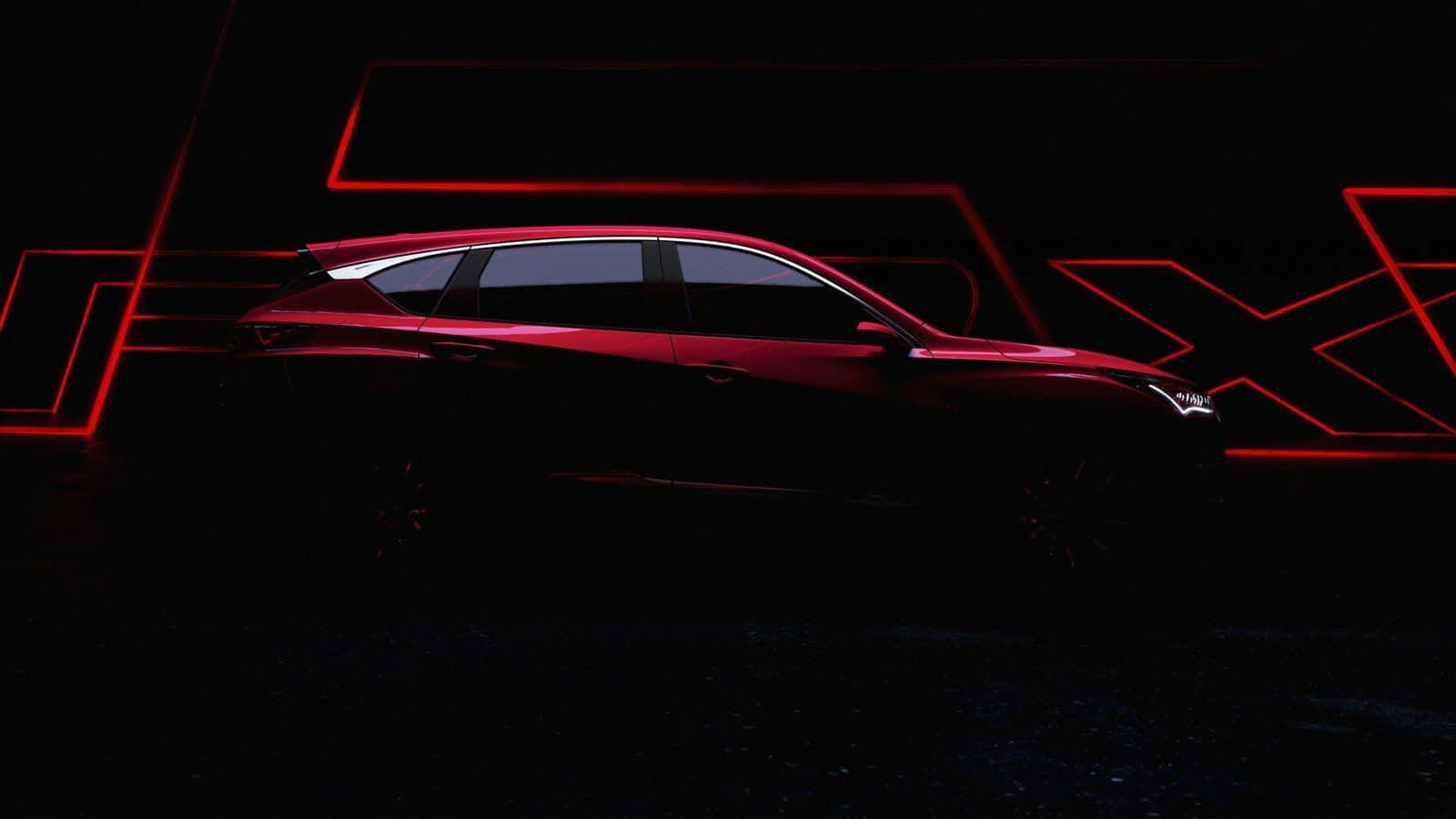 Acura Rdx 桌布 壁紙 — 一輛時尚的紅色SUV剪影在由大膽紅色霓虹幾何線條照亮的黑暗舞台上發光。