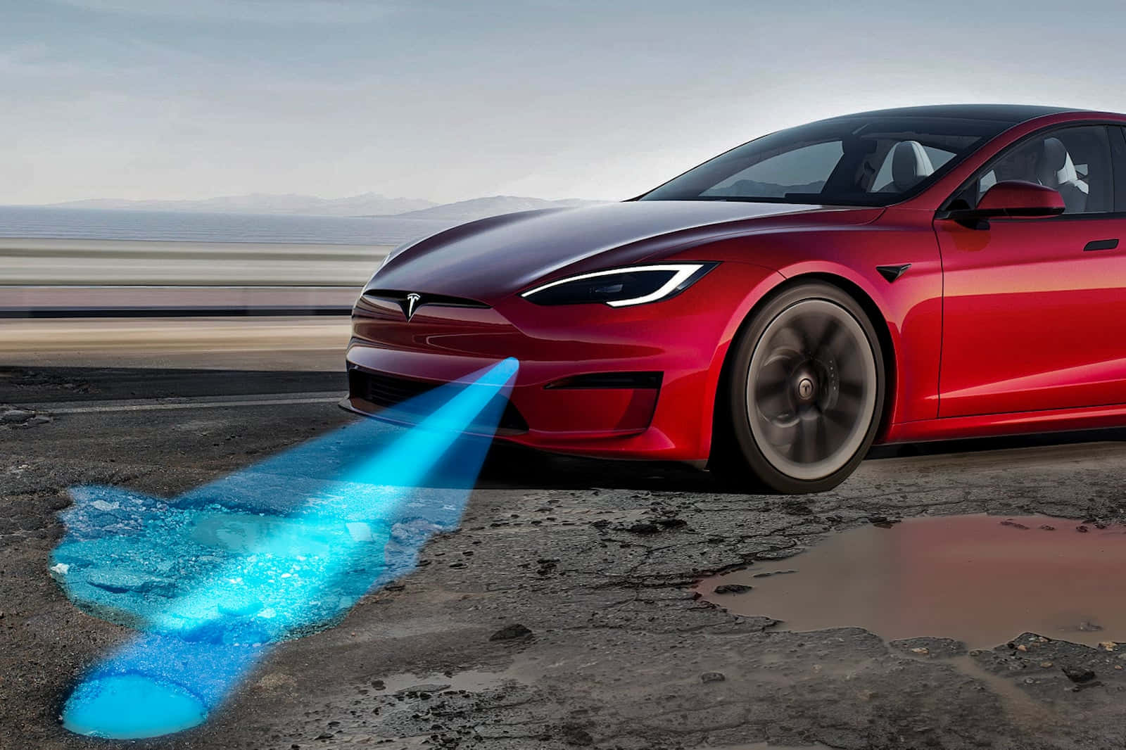 特斯拉 桌布 壁紙 — 一輛時尚的紅色Tesla Model S在潮濕的道路上疾馳，前方射出發光的藍色能量軌跡。