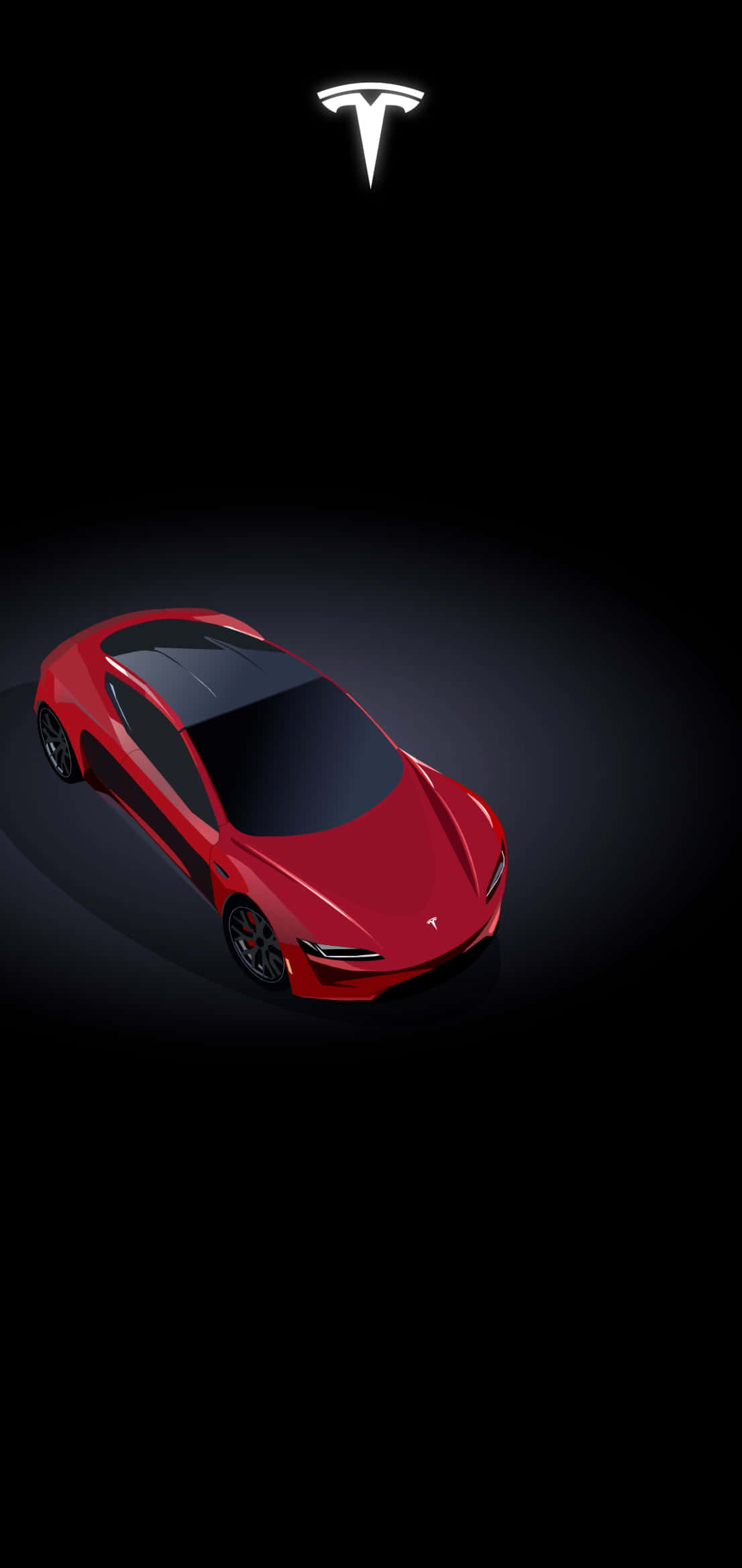 Tesla iPhone 桌布 壁紙 — 一輛時尚的紅色Tesla跑車在黑色背景上的聚光燈下發光，上方有發光的Tesla標誌。