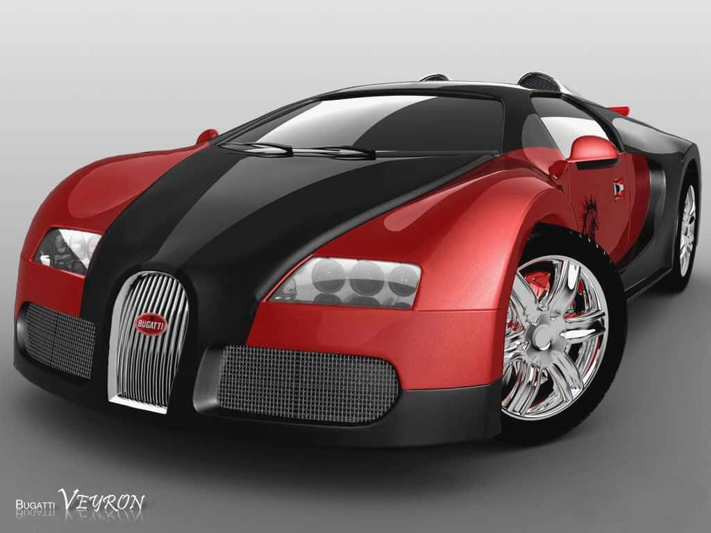布加迪 桌布 壁紙 — 一輛時尚的紅色和黑色Bugatti Veyron跑車，配備鍍鉻輪轂和光澤飾面，在灰色中性工作室背景上。