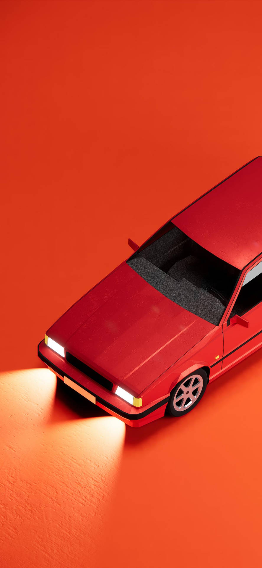 紅色復古車在橙色背景前亮著車頭燈 — iPhone 14 壁紙