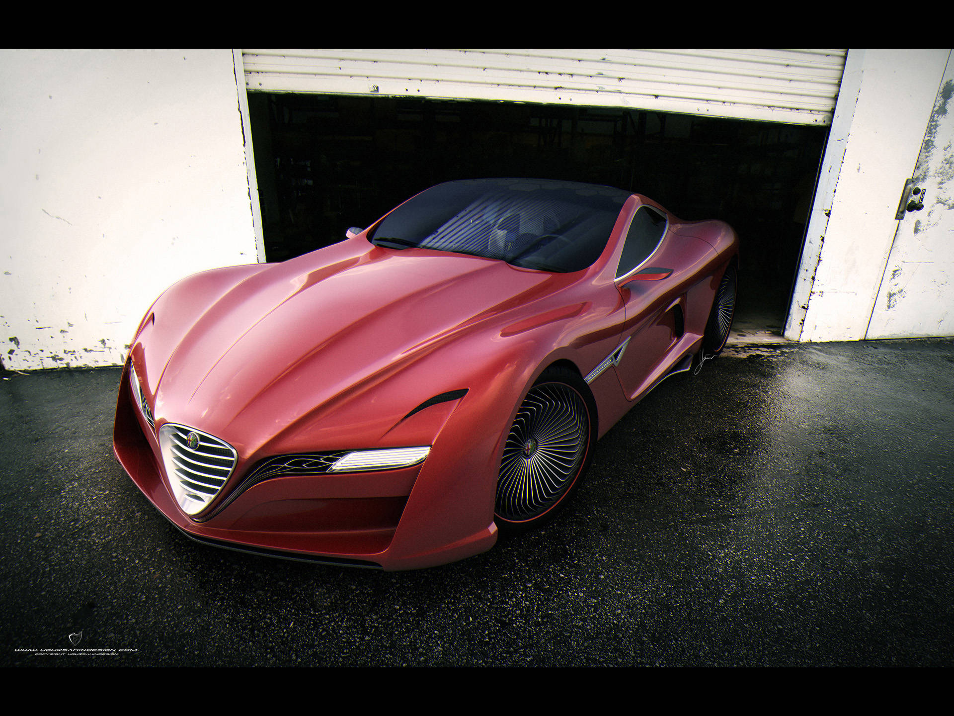 alfa romeo iPhone 桌布 壁紙 — 一輛時尚的紅色愛快羅密歐概念車，採用未來主義設計，停在濕漉漉的車道上的車庫門前。