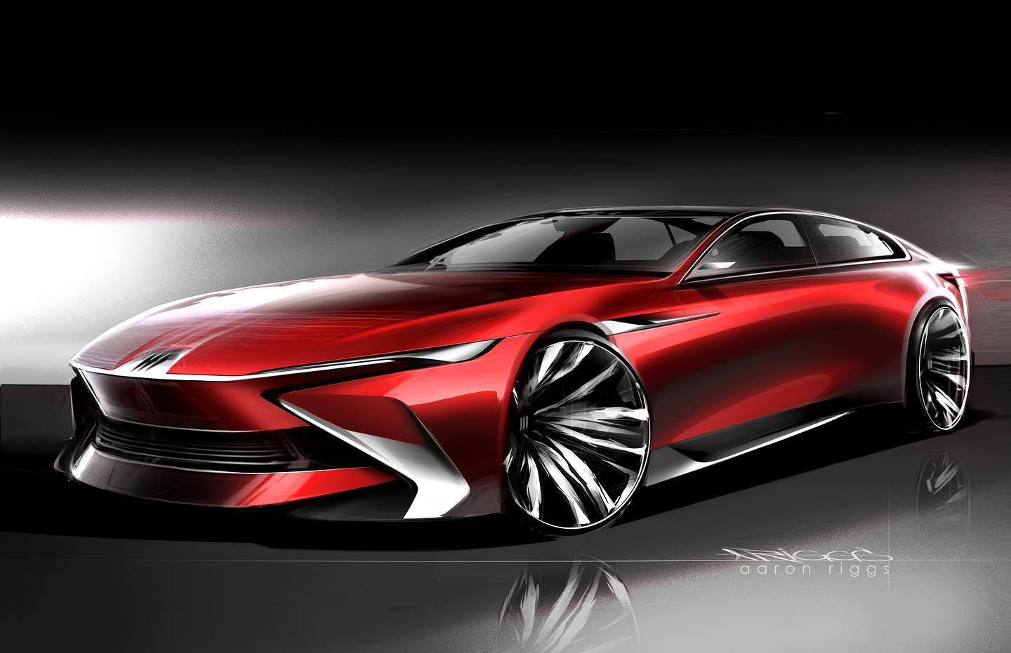 Buick 桌布 壁紙 — 一輛時尚的紅色未來主義汽車，帶有銀色飾邊和發光車頭燈，在戲劇性的工作室燈光下在反光表面上滑行。