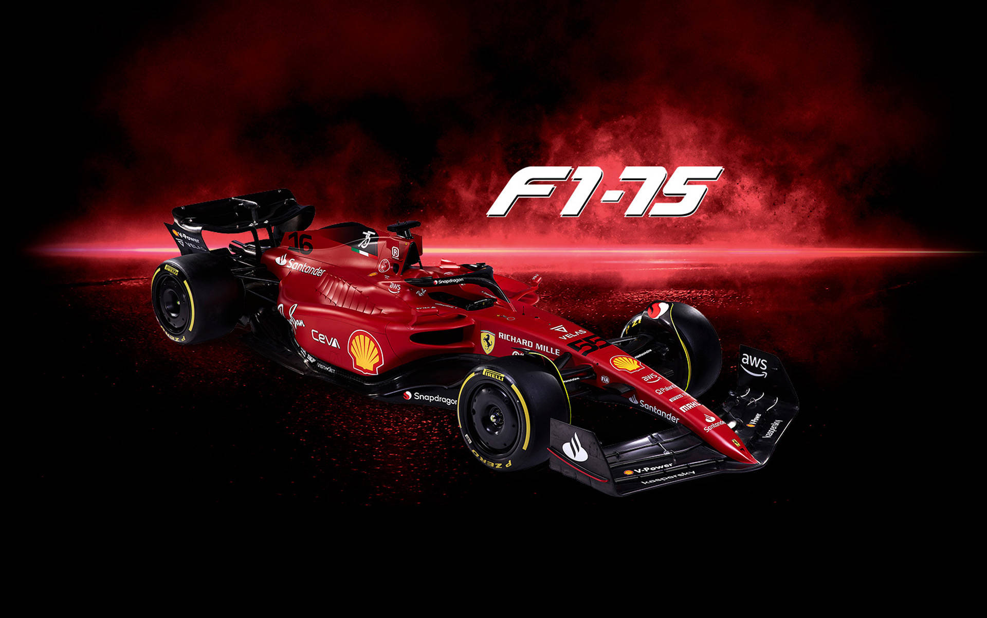酷炫F1 桌布 壁紙 — 一輛時尚的紅色法拉利F1-75賽車在煙霧瀰漫的紅黑背景下閃耀，帶有「F1-75」文字。