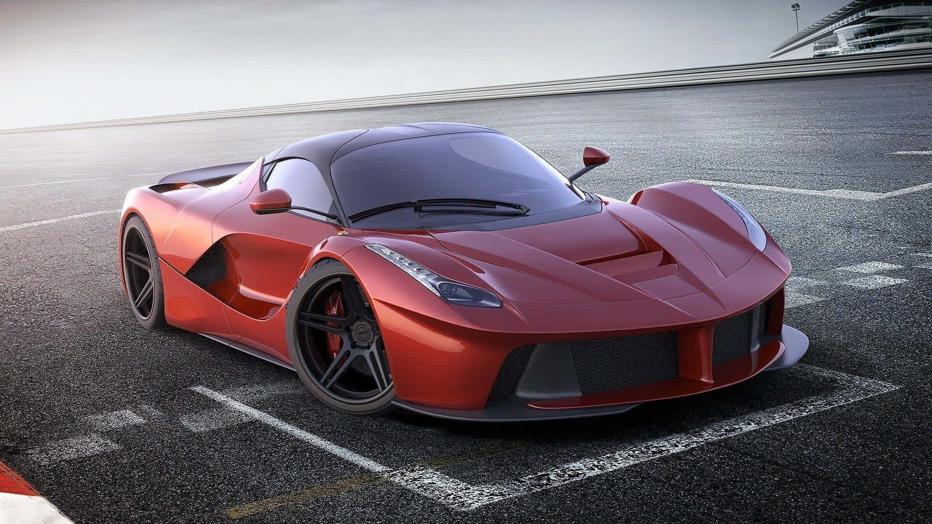 1920 X 1080 Car 桌布 壁紙 — 一輛時尚的紅色法拉利LaFerrari跑車停放在賽車場上，背景有觀眾看台。