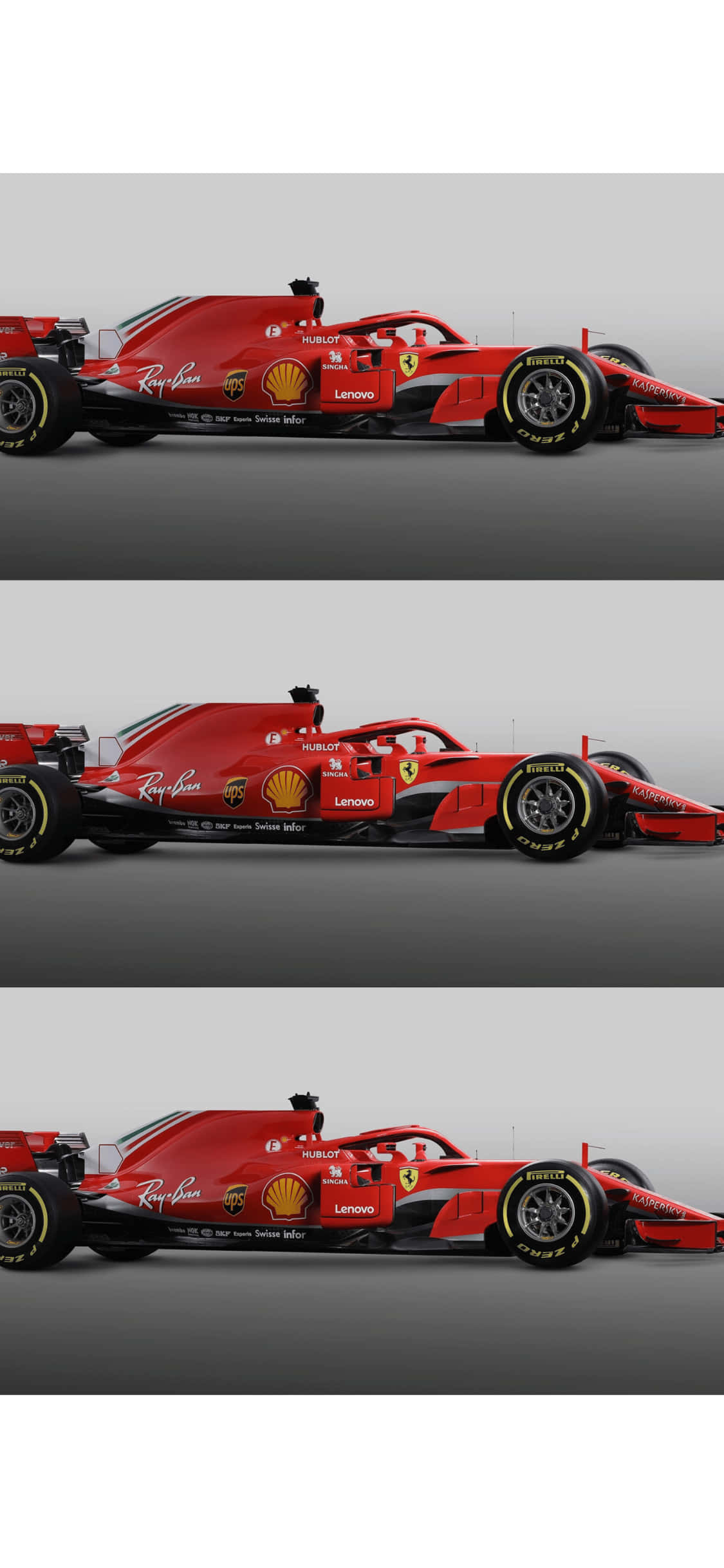 F1 2018 桌布 壁紙 — 一輛時尚的紅色法拉利一級方程式賽車，以三個相同的側面輪廓視圖展示在灰色中性工作室背景前。