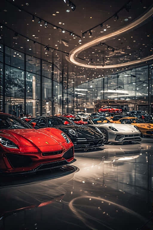 Luxury Car Collection Showroom  BMW, Ferrari, Lamborghini, Porsche 4K 壁紙 — 一輛時尚的紅色法拉利帶領一排豪華跑車，在現代玻璃牆展廳的溫暖天花燈光下。