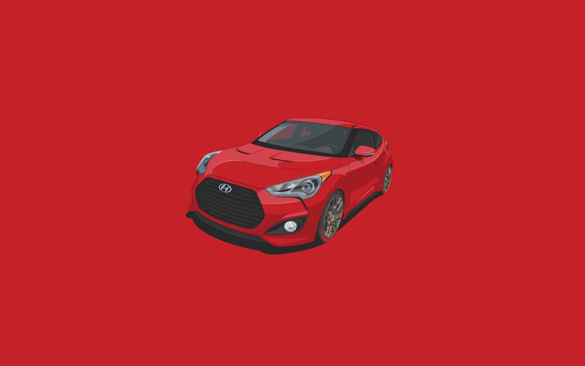 Hyundai 桌布 壁紙 — 一輛時尚的紅色現代Veloster跑車插圖，以鮮豔色彩繪製在純紅色背景上。