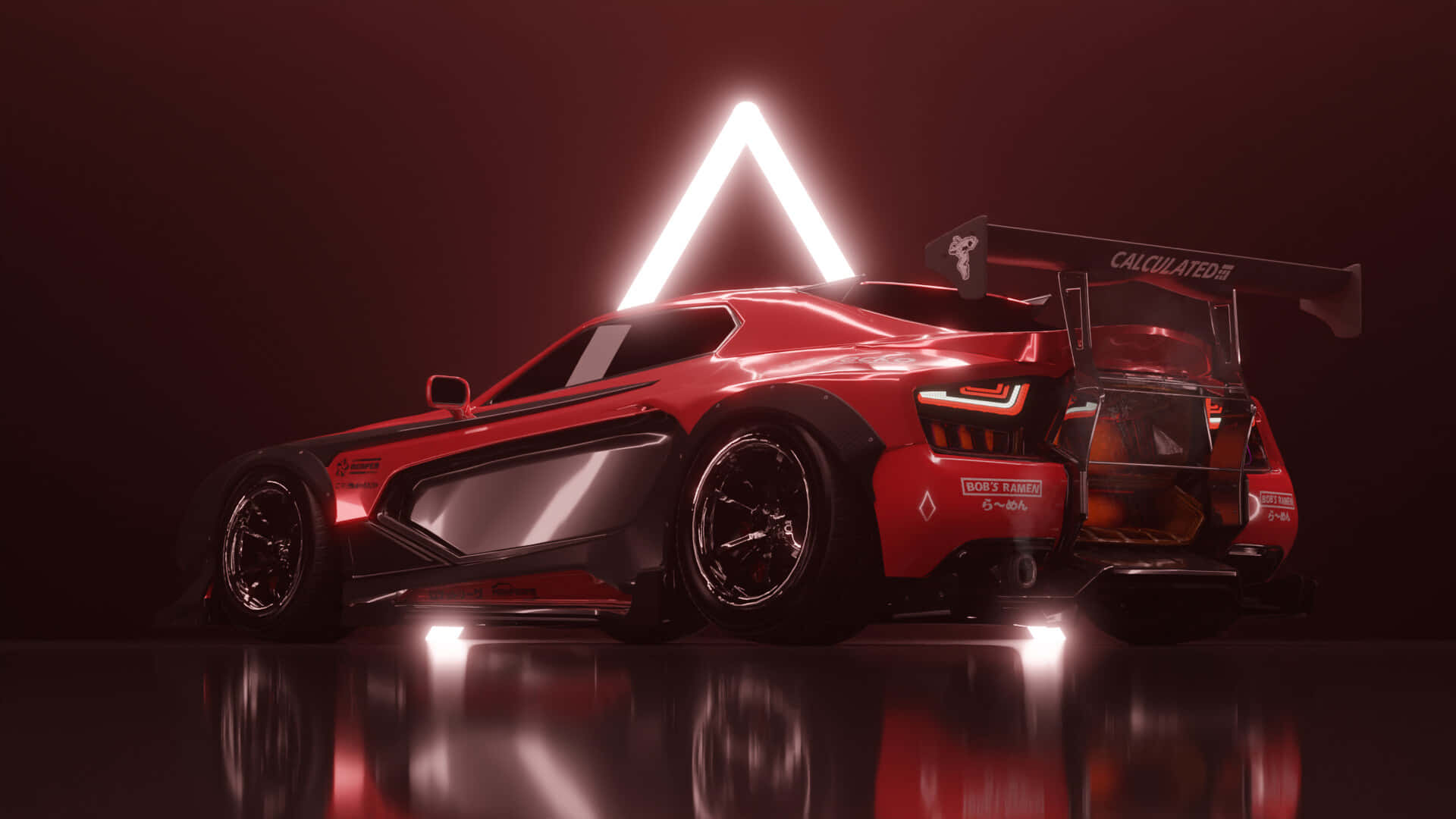 Multiplayer Game 桌布 壁紙 — 一輛時尚的紅色賽車，帶有發光的霓虹燈和後方的三角形光束，位於反射的深色地板上。