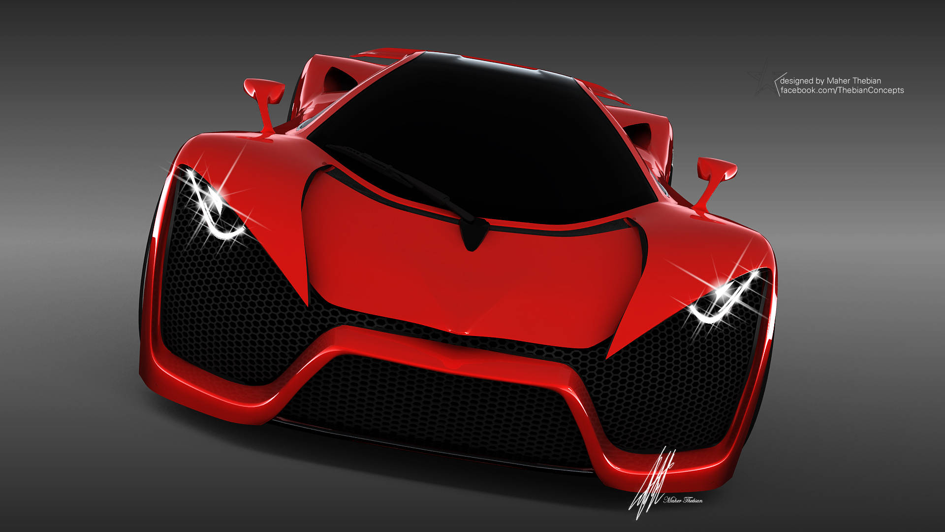 pagani iPhone 桌布 壁紙 — 一輛時尚的紅色超級跑車，帶有發光的頭燈和黑色網狀格柵，在深灰色工作室背景下向前凝視。