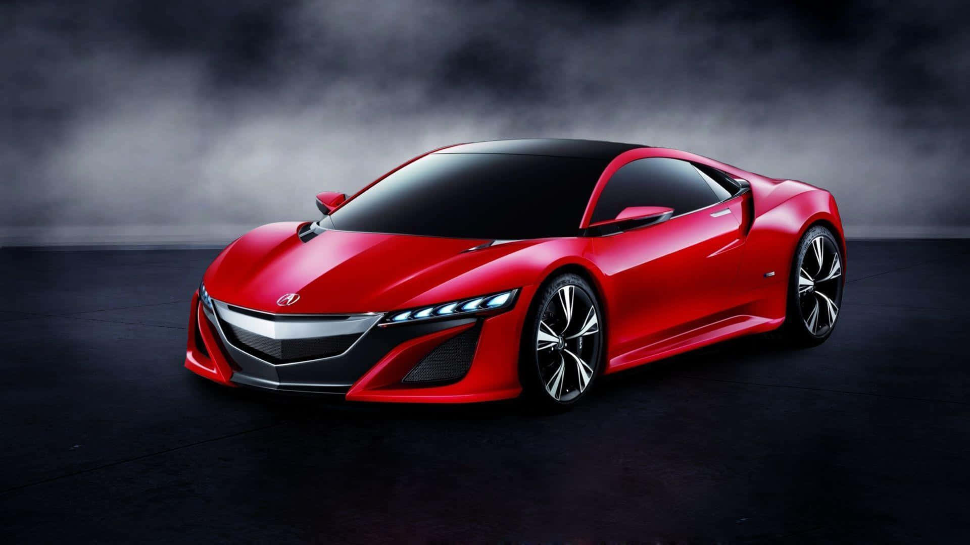 Acura Nsx 桌布 壁紙 — 一輛時尚的紅色跑車，帶有黑色裝飾和發光的車頭燈，在煙霧瀰漫的黑暗背景下戲劇性地矗立。