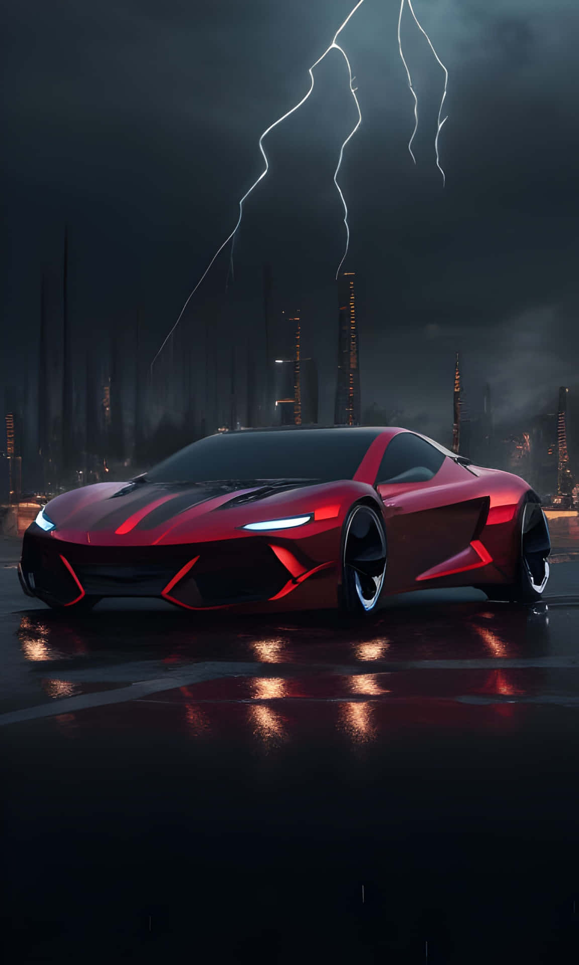 Futuristic Sport Red Car in a Cyberpunk City 壁紙 — 一輛時尚的紅色跑車，車頭燈閃閃發光，停在濕漉漉的路面上，背景是未來城市天際線上的戲劇性閃電。