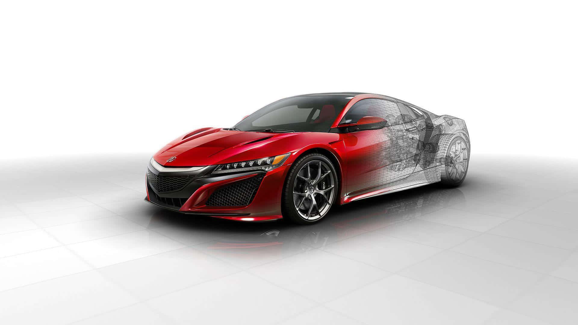 Acura Nsx 桌布 壁紙 — 一輛時尚的紅色跑車，透明側面揭示了其複雜的機械結構，背景是潔白的攝影棚地板。