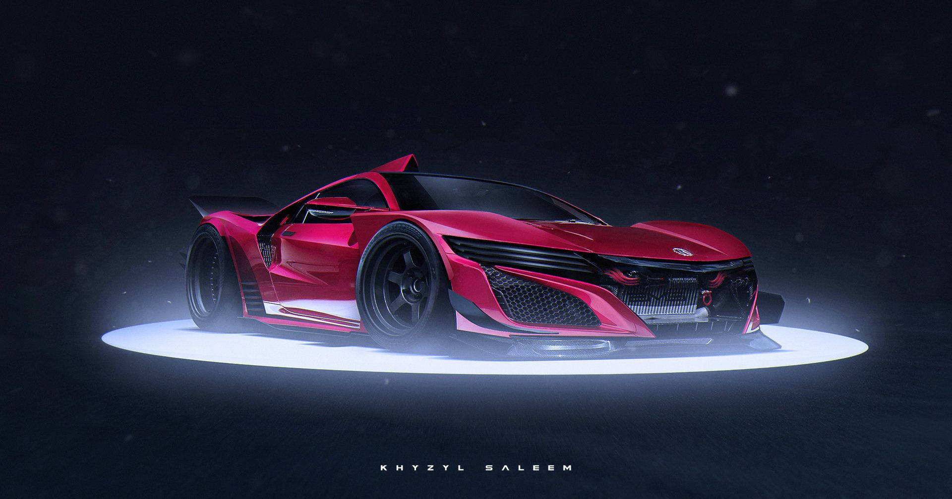 Acura 桌布 壁紙 — 一輛時尚的紅色跑車在圓形聚光燈下發光，背景陰暗而富有氣氛。