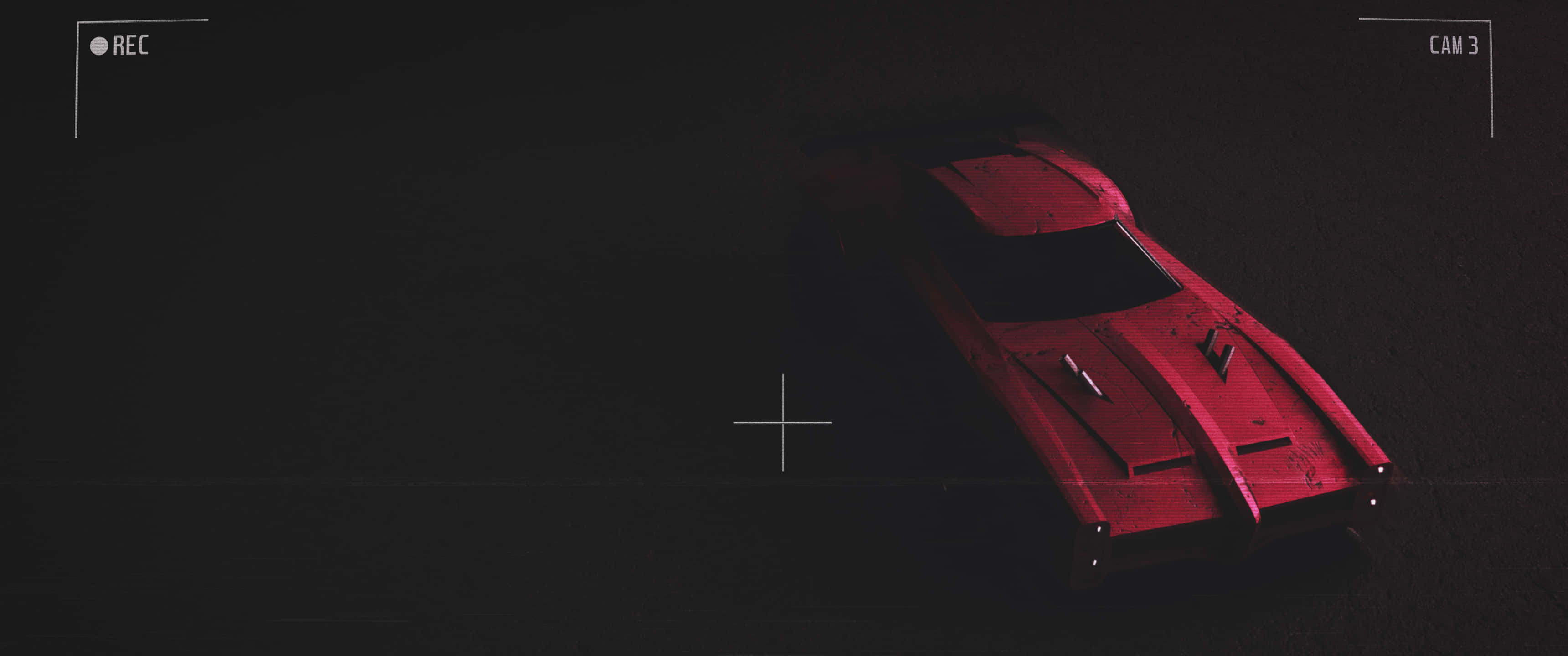 3440x1440p Rocket League 桌布 壁紙 — 一輛時尚的紅色跑車在昏暗燈光下發光，處於帶有「REC」和「CAM 3」疊加的黑暗監控畫面中。