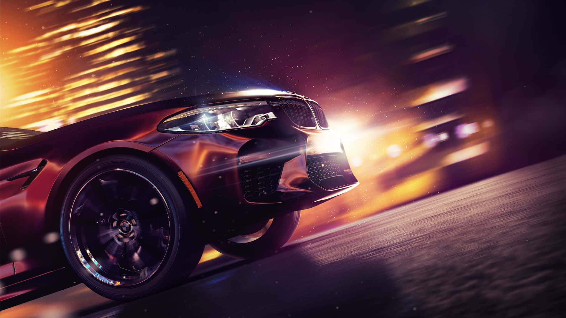 Need For Speed Payback 桌布 壁紙 — 一輛時尚的紅色跑車在發光的城市夜晚中疾馳，帶有動態模糊和火熱的光條。