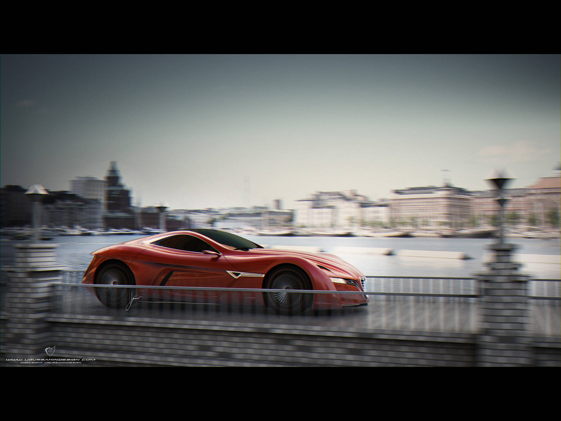 alfa romeo iPhone 桌布 壁紙 — 一輛時尚的紅色跑車在石橋上飛馳，背景是模糊的城市海濱和歷史建築。
