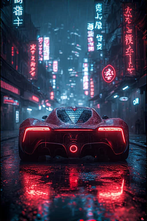 Cyberpunk Supercar in Neon Rainy Alley Futuristic 4K 壁紙 — 一輛時尚的紅色跑車在雨濕的賽博朋克街道上，在發光的亞洲招牌下閃爍著霓虹燈光。