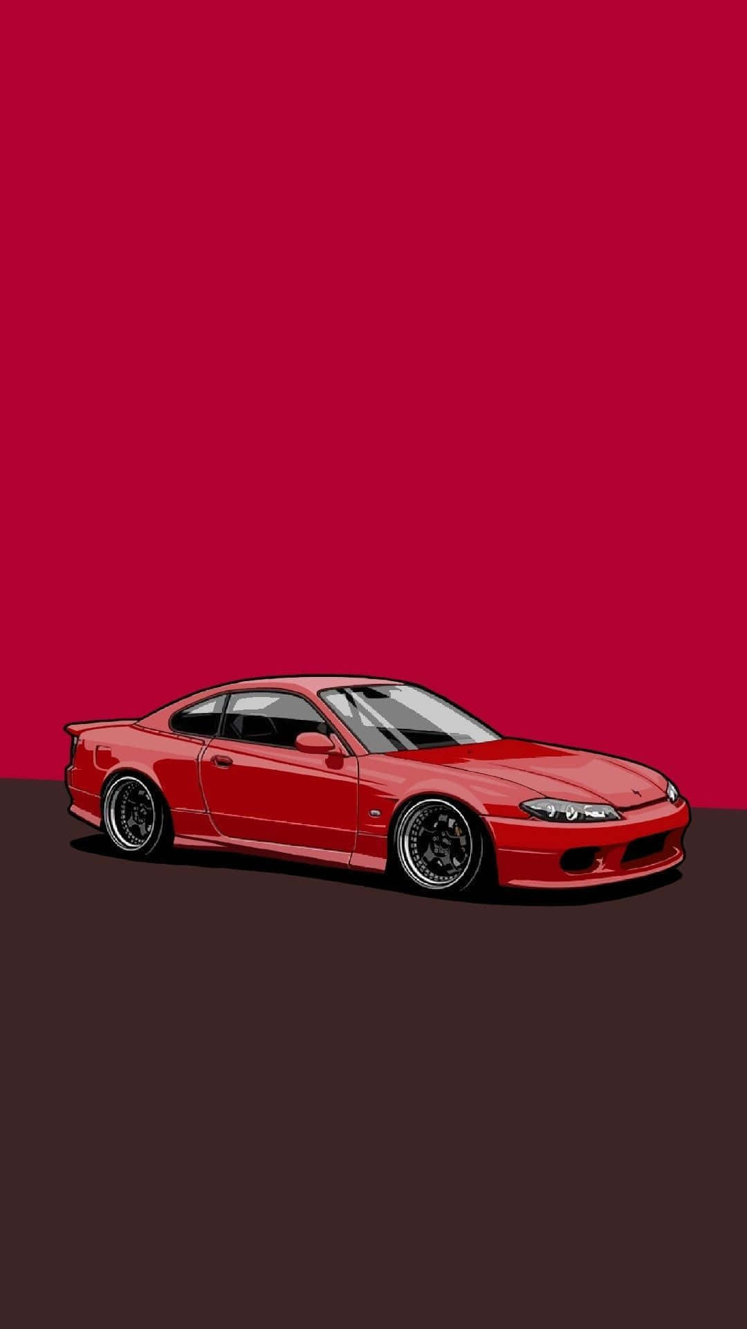 Jdm Art 桌布 壁紙 — 一輛時尚的紅色跑車配黑色輪圈，低趴於深棕色地板上，背景為大膽的深紅色。
