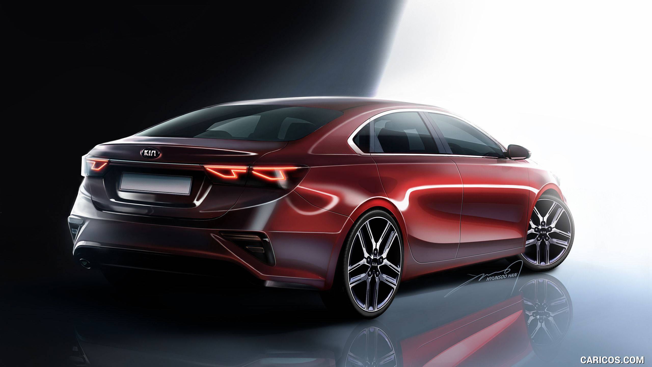 Kia 桌布 壁紙 — 一輛時尚的紅色轎車在戲劇性的工作室燈光下閃耀，其光滑表面上有銳利的反射。