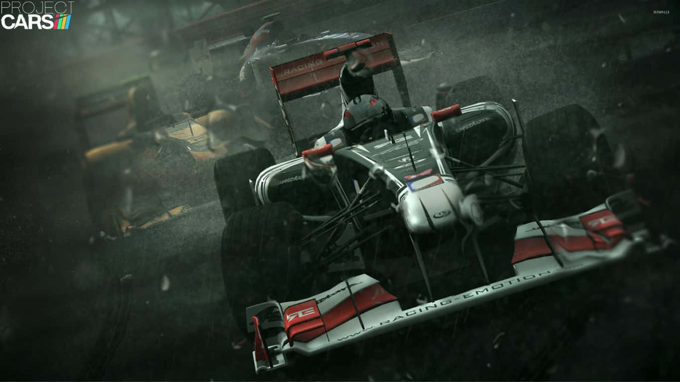 1366x768 Project Cars 2 桌布 壁紙 — 一輛時尚的紅銀色賽車在濕滑的賽道上疾馳，帶有模糊的動感和戲劇性的燈光。