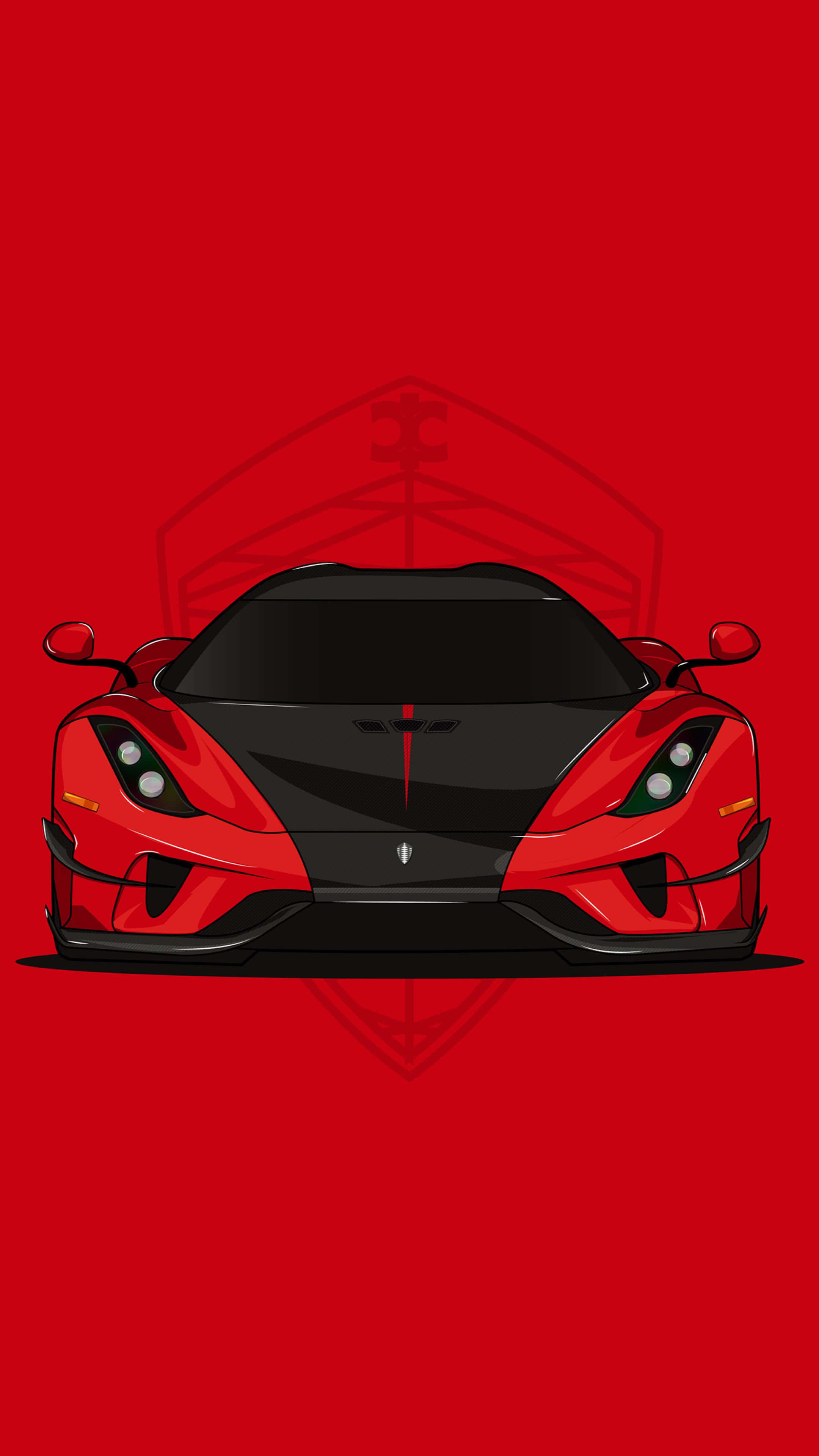 Koenigsegg 桌布 壁紙 — 一輛時尚的紅黑 Koenigsegg 超跑正面朝向純紅色背景，帶有模糊的標誌輪廓。