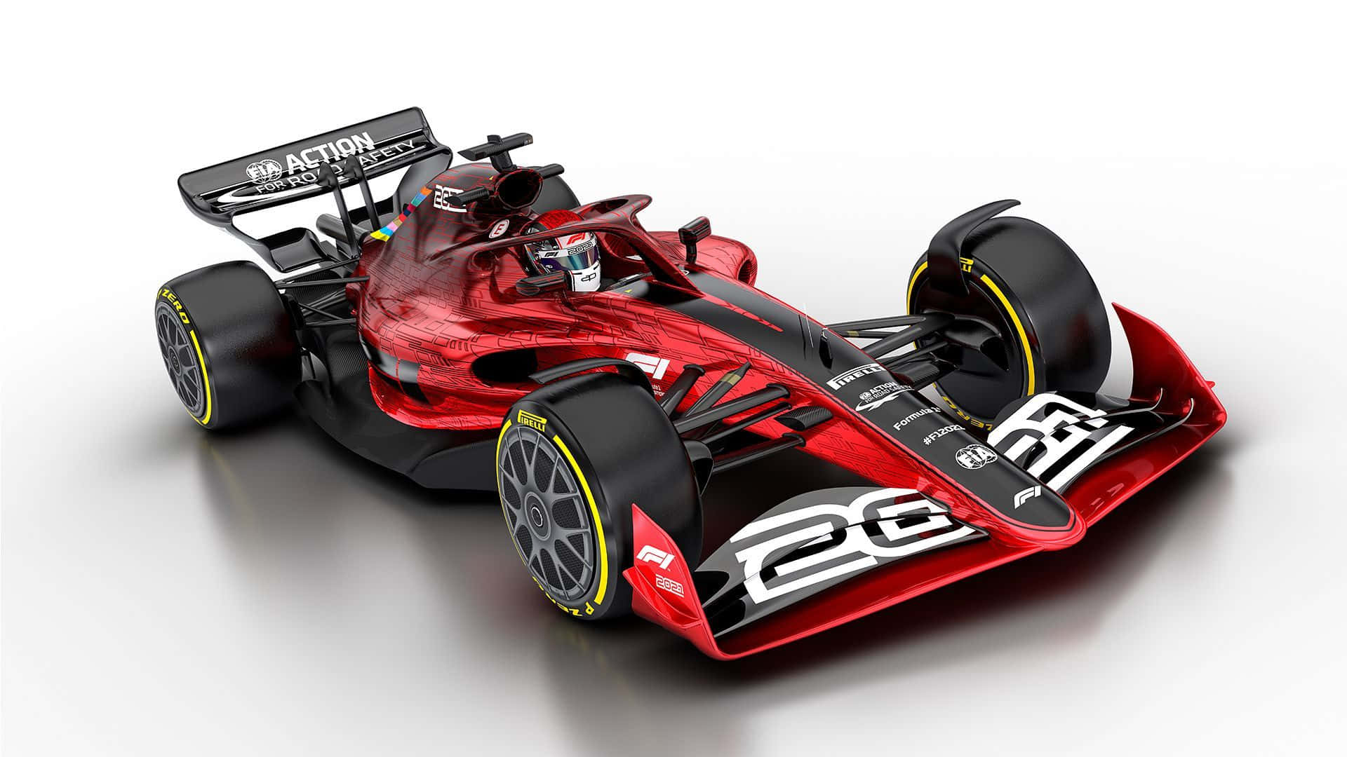 Formula One 桌布 壁紙 — 一輛時尚的紅黑一級方程式賽車，編號26，在白色表面上於攝影棚燈光下閃閃發光。