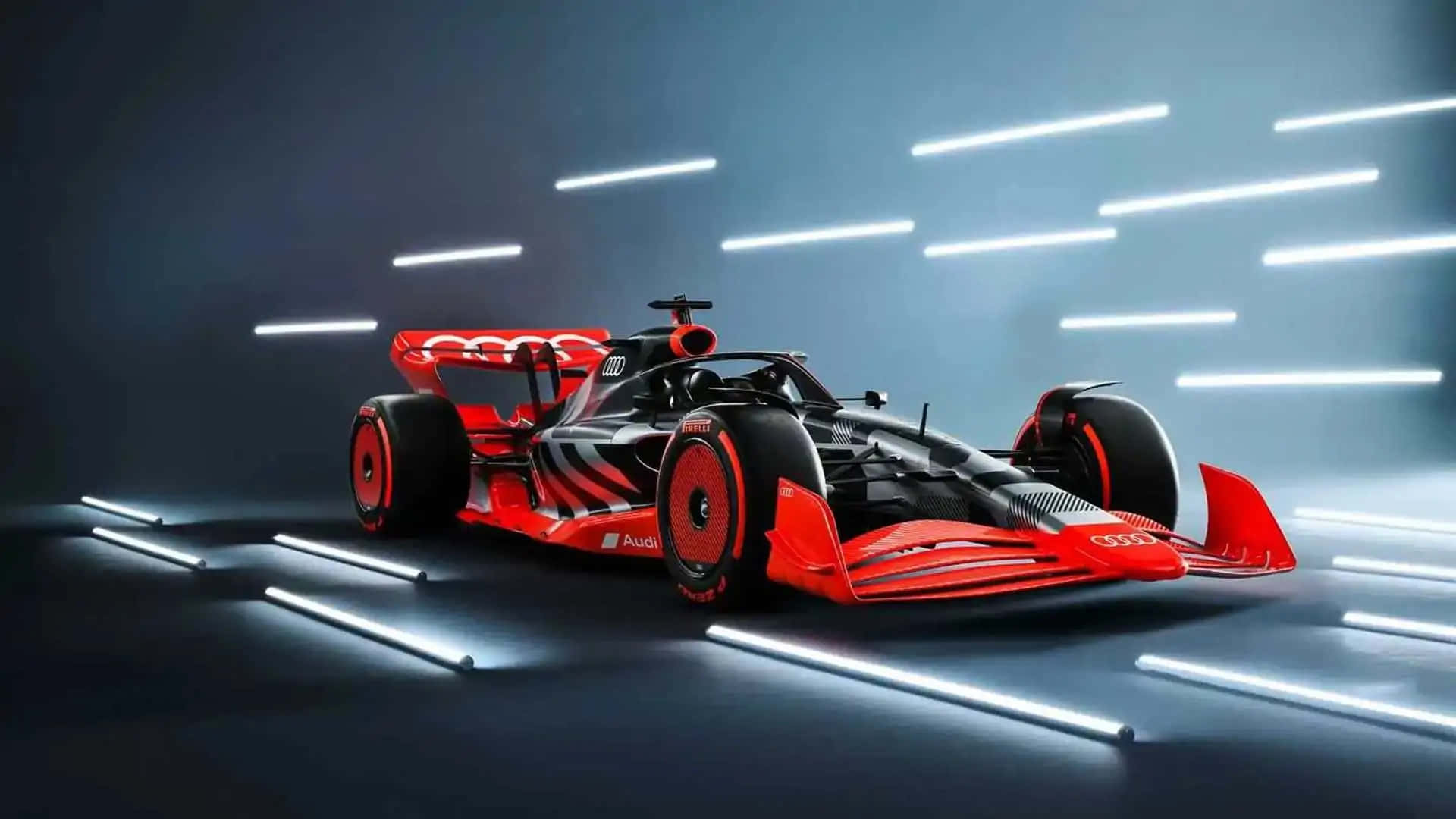 F1 2019 壁紙 桌布 壁紙 — 一輛時尚的紅黑奧迪Formula E賽車在黑暗的工作室中，在未來主義的白色霓虹燈下發光。