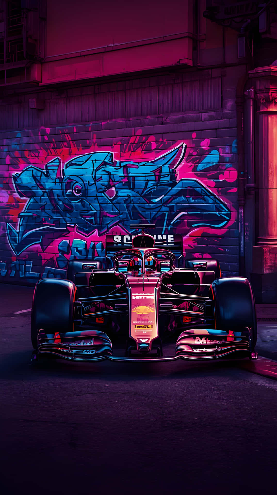 Formula 1 race car 壁紙 — 一輛時尚的紅黑色一級方程式賽車停放在充滿活力的塗鴉牆前，在霓虹粉紅和藍色燈光下閃耀。