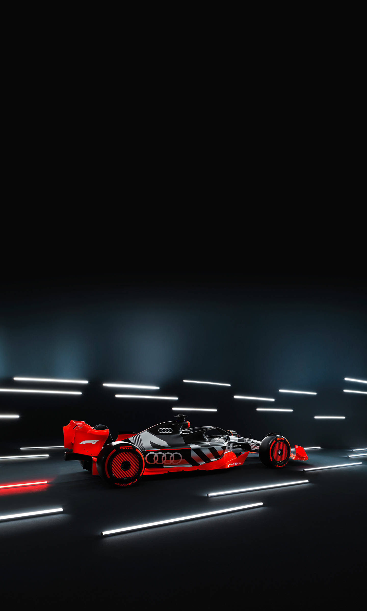 F1 iPhone 壁紙 桌布 壁紙 — 一輛時尚的紅黑色奧迪賽車在黑暗的隧道中滑行，隧道由發光的白色和紅色霓虹燈線照亮。